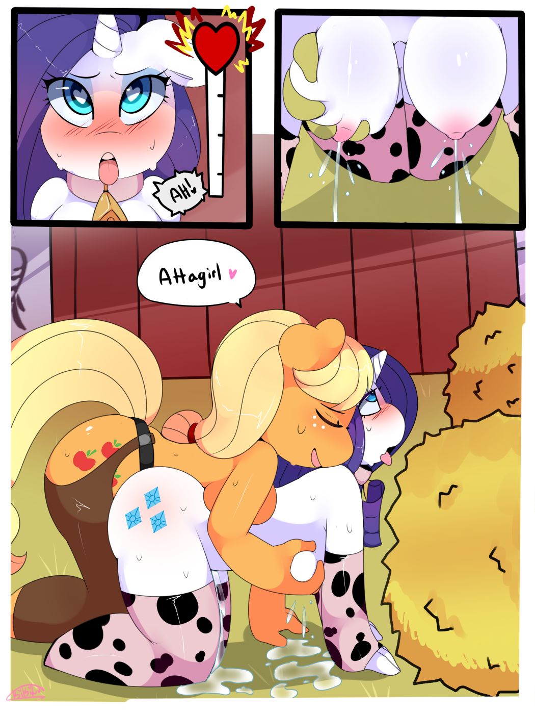 <3_eyes 3:4 all_fours anthro anthro_on_anthro anthro_penetrated anthro_penetrating anthro_penetrating_anthro applejack_(mlp) big_breasts blush bodily_fluids breast_grab breasts clothing comic dialogue dildo equid female female/female female_penetrated female_penetrating female_penetrating_female freckles friendship_is_magic hand_on_breast heart hi_res horn kikiluv lactating legwear mammal my_little_pony penetration rarity_(mlp) sex_toy straight_hair strapon sweat thigh_highs unicorn yuri