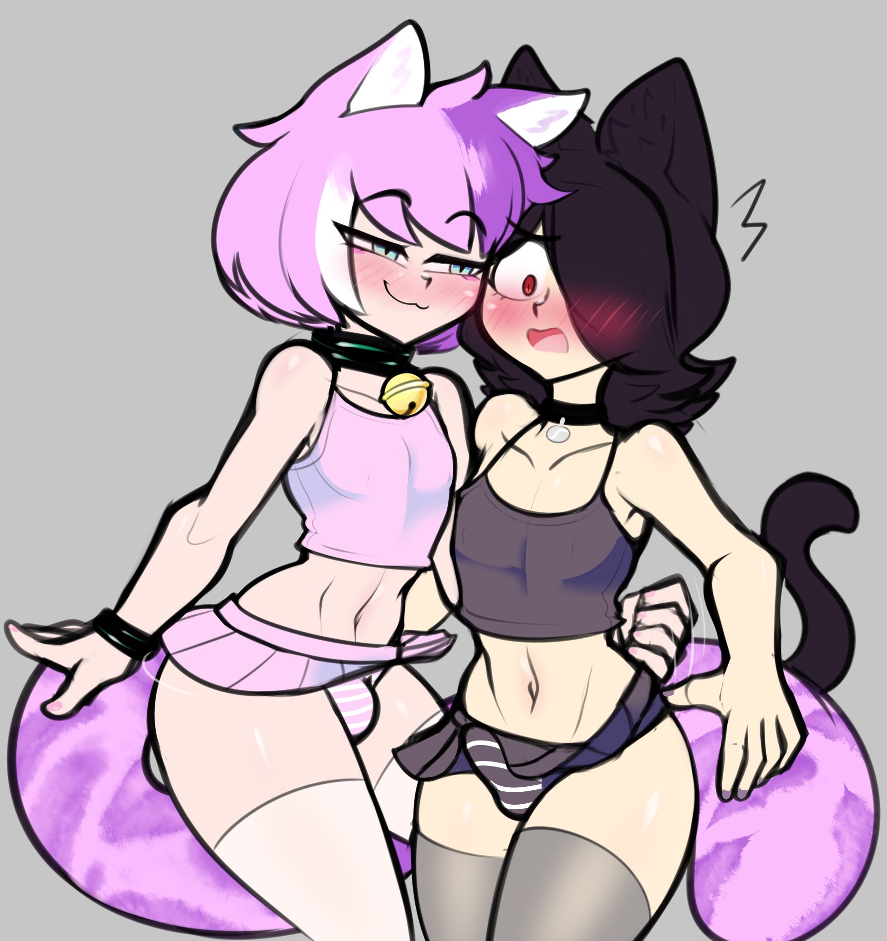2020, 2boys, animal humanoid, bell collar, blush, bulge, cat boy, cat humanoid, catboy, collar, crossdressing, femboy, girly, joeydrawss, male, male only, original, tail, taki (joeydrawss), thighhighs