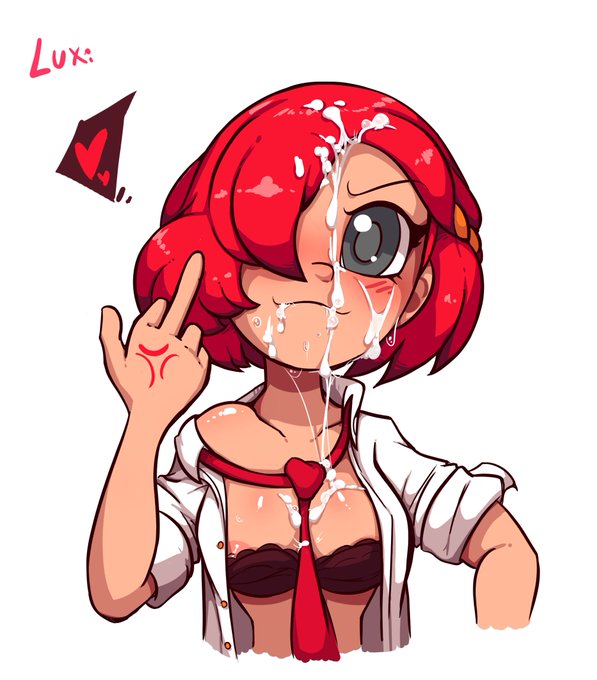 black_bra bra cum cum_on_breasts cum_on_face facial hearts luxidoro middle_finger nip_slip nipple_slip original original_character red_(oc) red_hair red_tourmaline(oc)