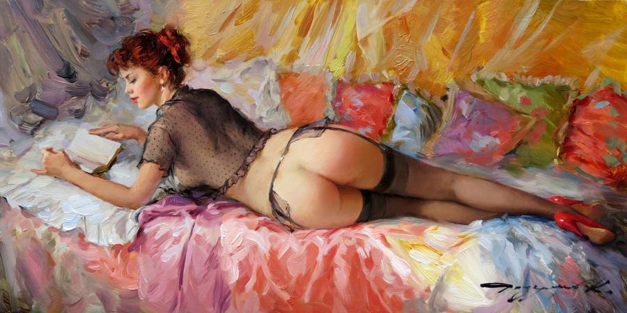 1girls ass ass_focus bottomless earrings female female_only fine_art full_body garter garter_belt garter_straps hair_bun heels high_heels konstantin_razumov lingerie lingerie_only lying lying_on_side oil_painting on_side original painting painting_(artwork) pillow pinky_out pumps reading red_footwear red_heels red_lips red_lipstick red_shoes see-through sheer_clothing sheer_legwear solo solo_female stockings straight_hair traditional_art traditional_media traditional_media_(artwork) viewed_from_behind