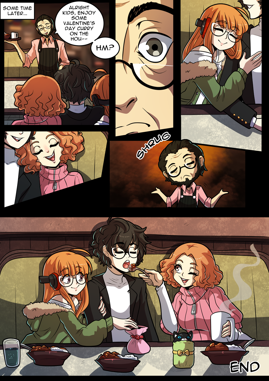 1boy 2girls atlus black_hair breasts brown_eyes brown_hair coat coffee comic comic_page cuddling curry cute date dinner drink english_text female glasses happy haru_okumura hugging human joker_(persona) kinkymation long_hair love male megami_tensei mug orange_hair ot3 persona persona_5 polyamory purple_eyes ren_amamiya restaurant sakura_futaba short_hair side_hug smile sweater teenager threesome throuple valentine's_day wholesome