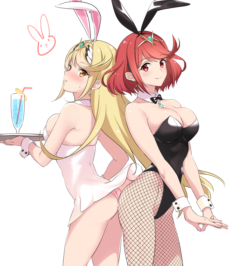 2girls :t alternate_costume animal_ears ass bangs bare_shoulders black_bow black_hairband black_leotard black_neckwear blush bow bowtie breasts bunny_ears bunny_tail bunnysuit cleavage closed_mouth commentary_request cowboy_shot cup detached_collar dress drink drinking_glass drinking_straw dual_persona earrings emerald_(gemstone) eyebrows_visible_through_hair fake_animal_ears fake_tail fishnet_pantyhose fishnets gem hairband highleg highleg_leotard holding holding_tray jewelry leotard long_hair looking_at_viewer medium_breasts misu_kasumi multiple_girls mythra nintendo nose_blush orange_eyes own_hands_together panties pantyhose pantyshot pantyshot_(standing) pink_panties pout pyra red_eyes red_hair sideboob simple_background smile standing straight_hair strapless strapless_dress strapless_leotard sweat swept_bangs tail thighs tray underwear upskirt very_long_hair white_background white_hairband wide_hips wrist_cuffs xenoblade_(series) xenoblade_chronicles_2