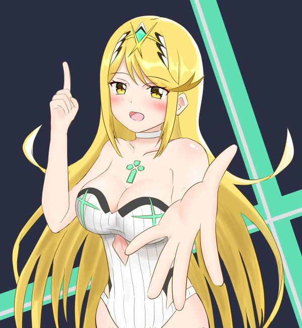 1girls bangs bare_shoulders black_background blonde_hair blush breasts earrings eyebrows_visible_through_hair female gem hair_ornament headpiece hikari_(xenoblade_2) jewelry large_breasts long_hair looking_at_viewer mythra nintendo pose simple_background smile solo sssemiii swept_bangs swimsuit tiara very_long_hair white_swimsuit xenoblade_(series) xenoblade_chronicles_2 yellow_eyes