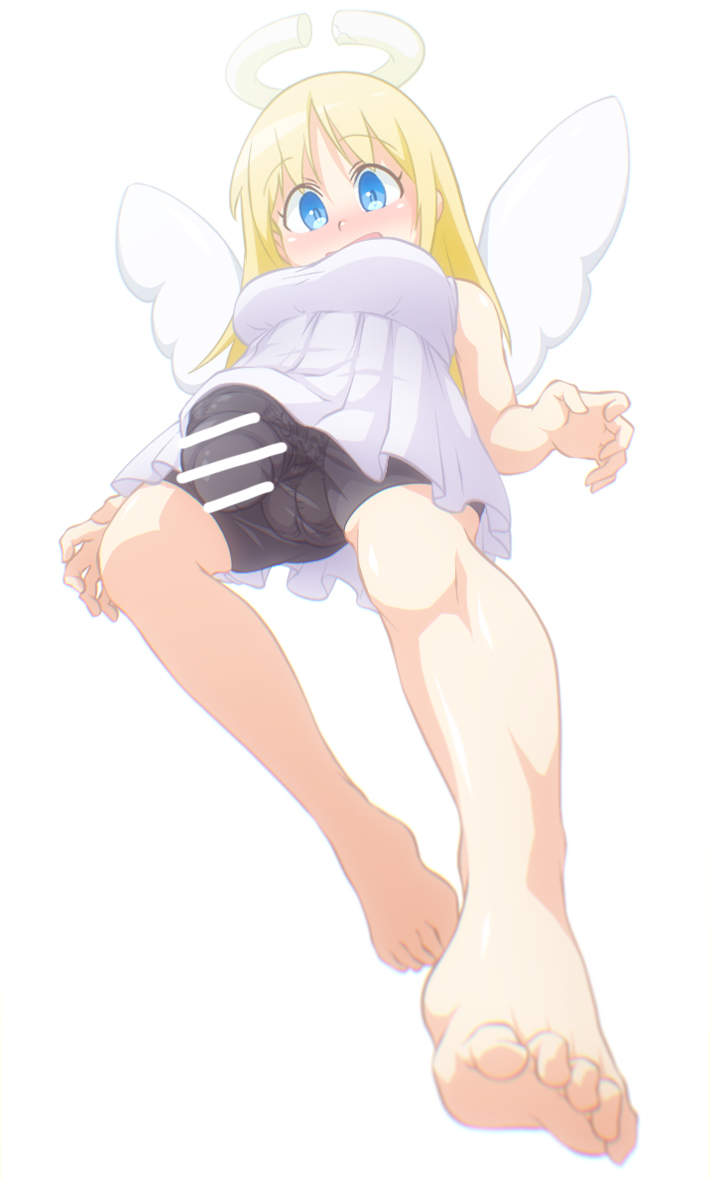 1futa big_penis blonde_hair blue_eyes blush broken_halo bulge censor_bar censored censored_penis crimvael feet flying futa futanari getting_erect halo ishuzoku_reviewers medium_breasts muchin penis penis_bulge penis_under_clothes solo_futa tight_underwear veiny_penis wings