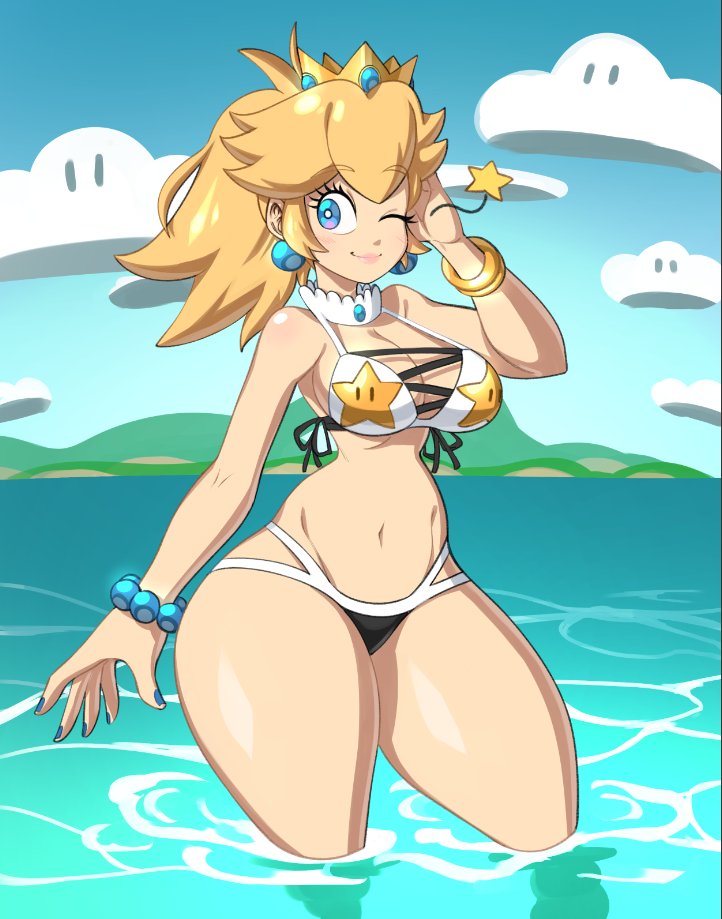 1girls, beach, big breasts, bikini, blonde hair, blue eyes, breasts, female, female only, human, jewelry, lipstick, mario (series), mossy (artist), narrow shoulders, nintendo, official mossy, outdoors, partially submerged, ponytail, princess peach, sky, smile, solo, standing, super mario bros., swimsuit, thick thighs, thin arms, tied hair, water, wink