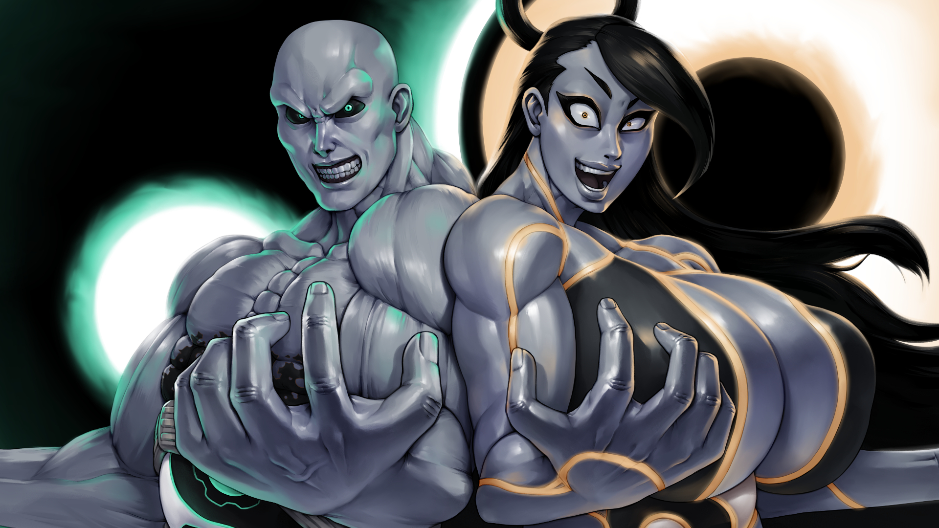 1boy, 1girls, alternate, breasts, canon genderswap, cleavage, female, huge breasts, male, muscles, muscular, muscular female, muscular male, rampage0118, rule 63, seth (doll unit 0), seth (street fighter), seth (street fighter) (male), street fighter, street fighter iv, street fighter v