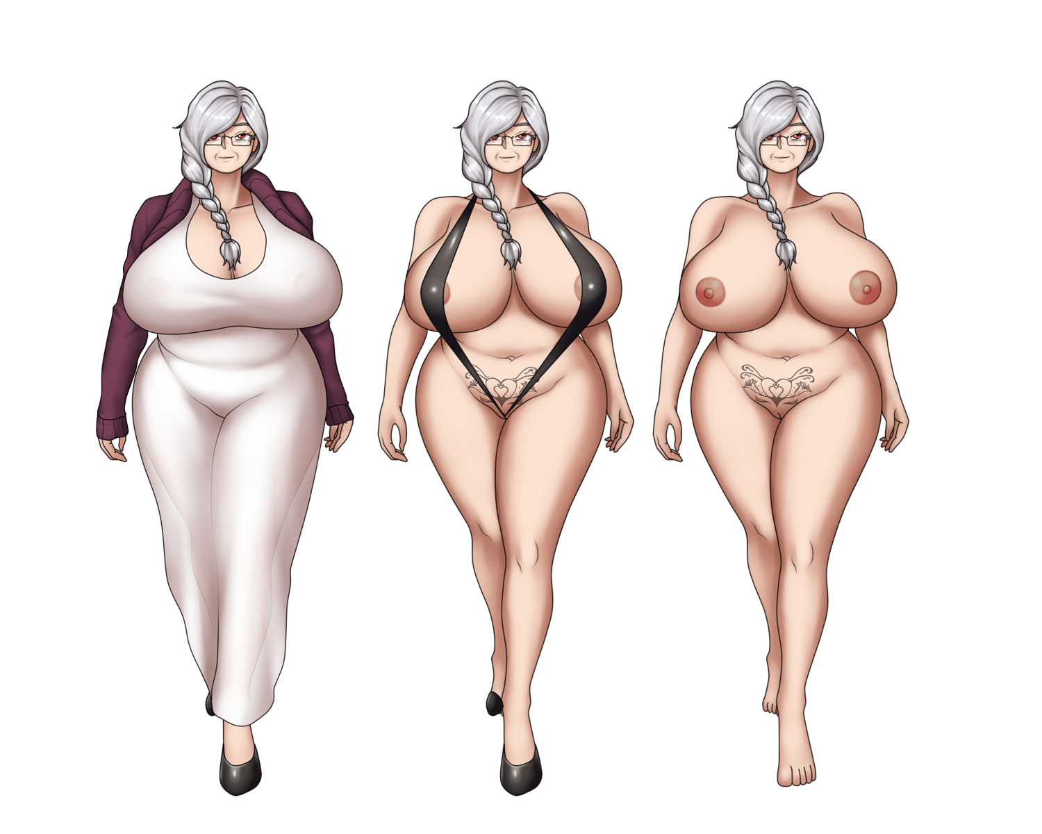 1girls, alternate outfit, belly, braid, breasts, chubby, clothed, curvy female, dress, eye contact, feet, female, gilf, glasses, grandmother, grey hair, half-closed eyes, heart, huge breasts, jennifer (mk001black), looking at viewer, mature, mature female, milf, mk001black, navel, nipples, nude, nude female, older female, original, original character, overweight, overweight female, ponytail, pubic tattoo, red eyes, shoes, sling bikini, tattoo, thick thighs, toes, white background, white hair, wide hips, wrinkles