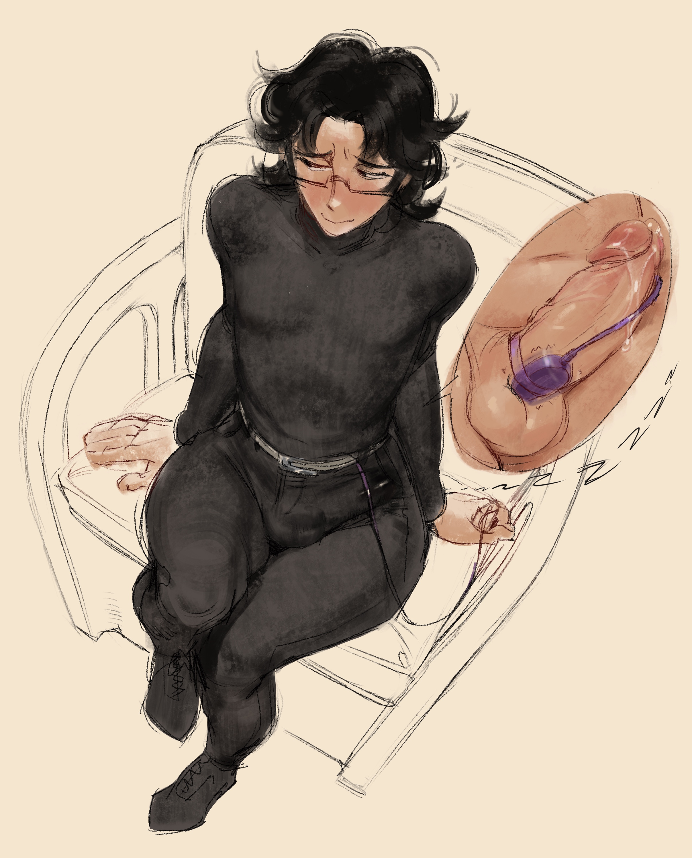 1boy, 2020, absurd res, absurdres, balls, belt, black clothing, black hair, black legwear, black pants, black sweater, blush, boots, chair, circumcised, clothed, clothes, digital media (artwork), erection, femboy, gay, girly, glasses, half-closed eyes, high resolution, highres, lacryboy, legs, light skin, long hair, looking pleasured, looking to the side, male, male only, melanpsycholia, messy hair, miles (melanpsycholia), original, pants, penis, precum, precum bubble, precum drip, sissy, sitting, sketch, smile, solo, sweater, thick thighs, thighs, trap, vibrator, vibrator on penis, vibrator under clothes, yaoi, yellow background