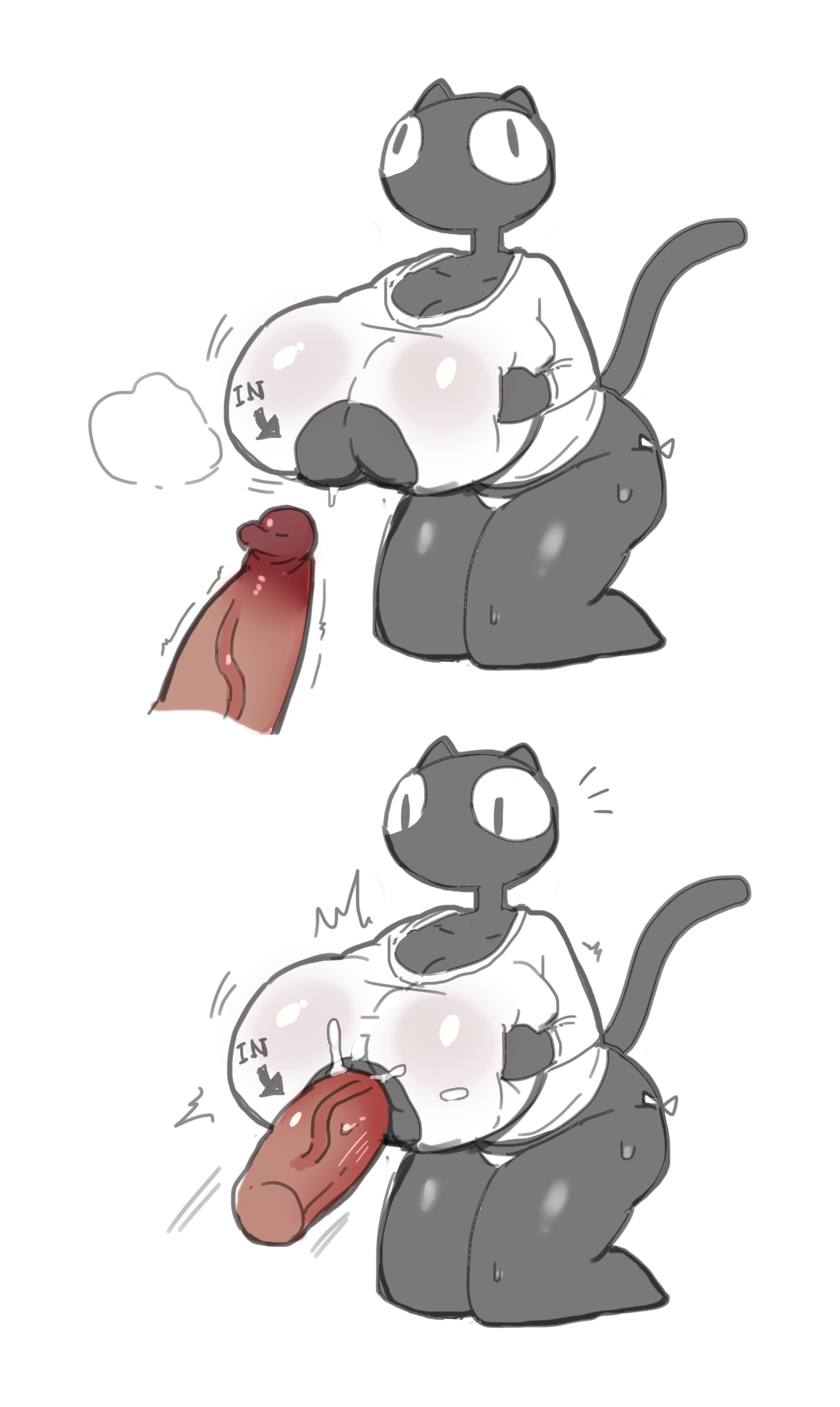anthro, black penis, black skin, breasts, cat ears, cat humanoid, cat tail, feline, female, kneeling, male, nishikun, paizuri, penis, precum, white background, white shirt