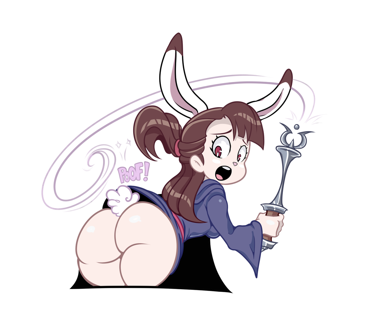 1girls, ass, ass crack, atsuko kagari, bottomless skirt, breasts, brown hair, bunny akko, bunny ears, bunny tail, butt crack, curvy, drillslewds, female, female focus, female only, hair, large ass, little witch academia, looking back, magic, medium breasts, onomatopoeia, open mouth, robe, skirt, skirt lift, solo female, solo focus, studio trigger, teeth, tied hair, tongue, upskirt, wand