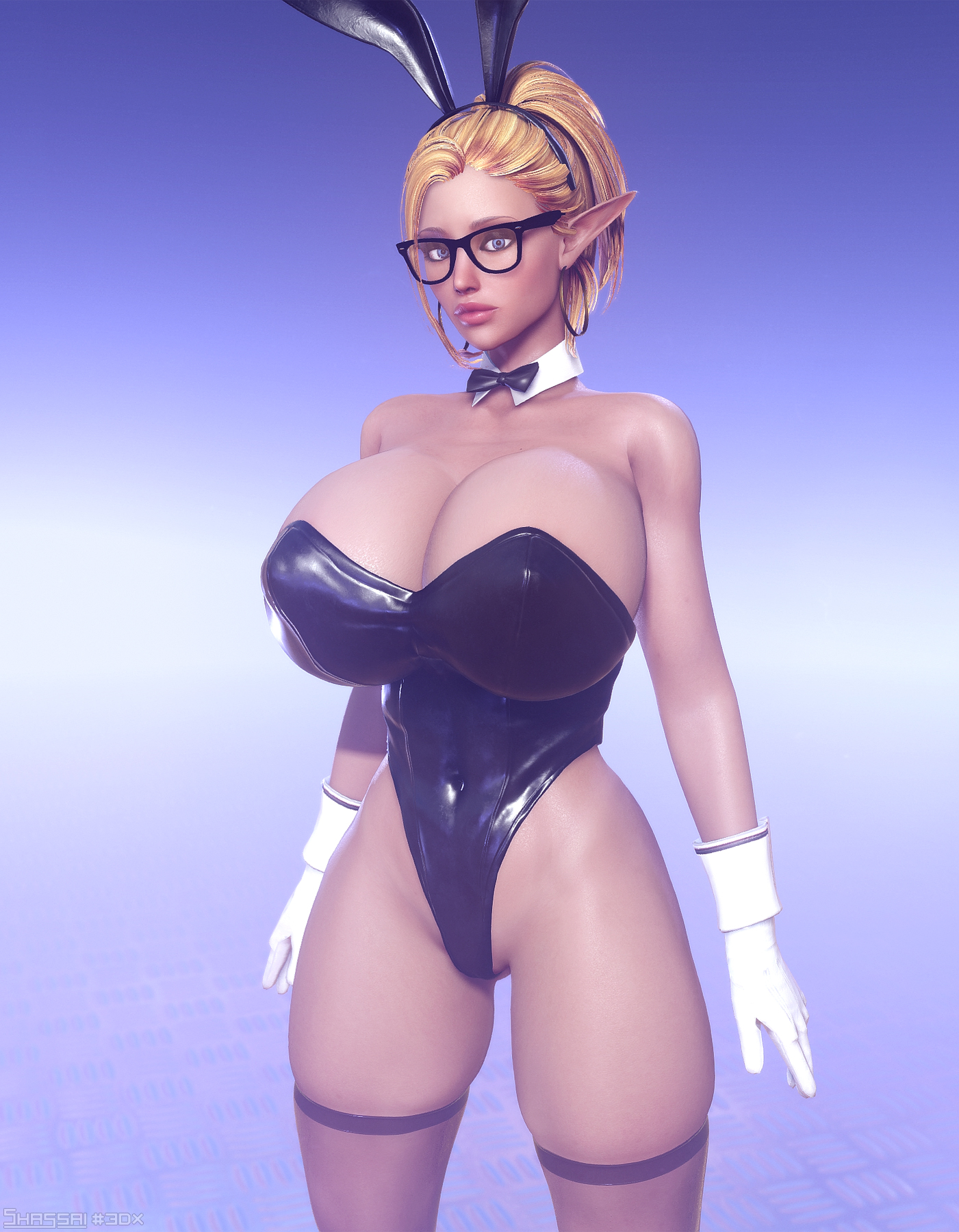1girls, 3d, bimbo, bowtie, breasts, bunny ears, bunnysuit, cleavage, detached collar, elf, eyeshadow, female, glasses, gloves, hoop earrings, huge breasts, lipstick, makeup, nina (shassai), shassai, stockings, tagme, voluptuous, wrist cuffs