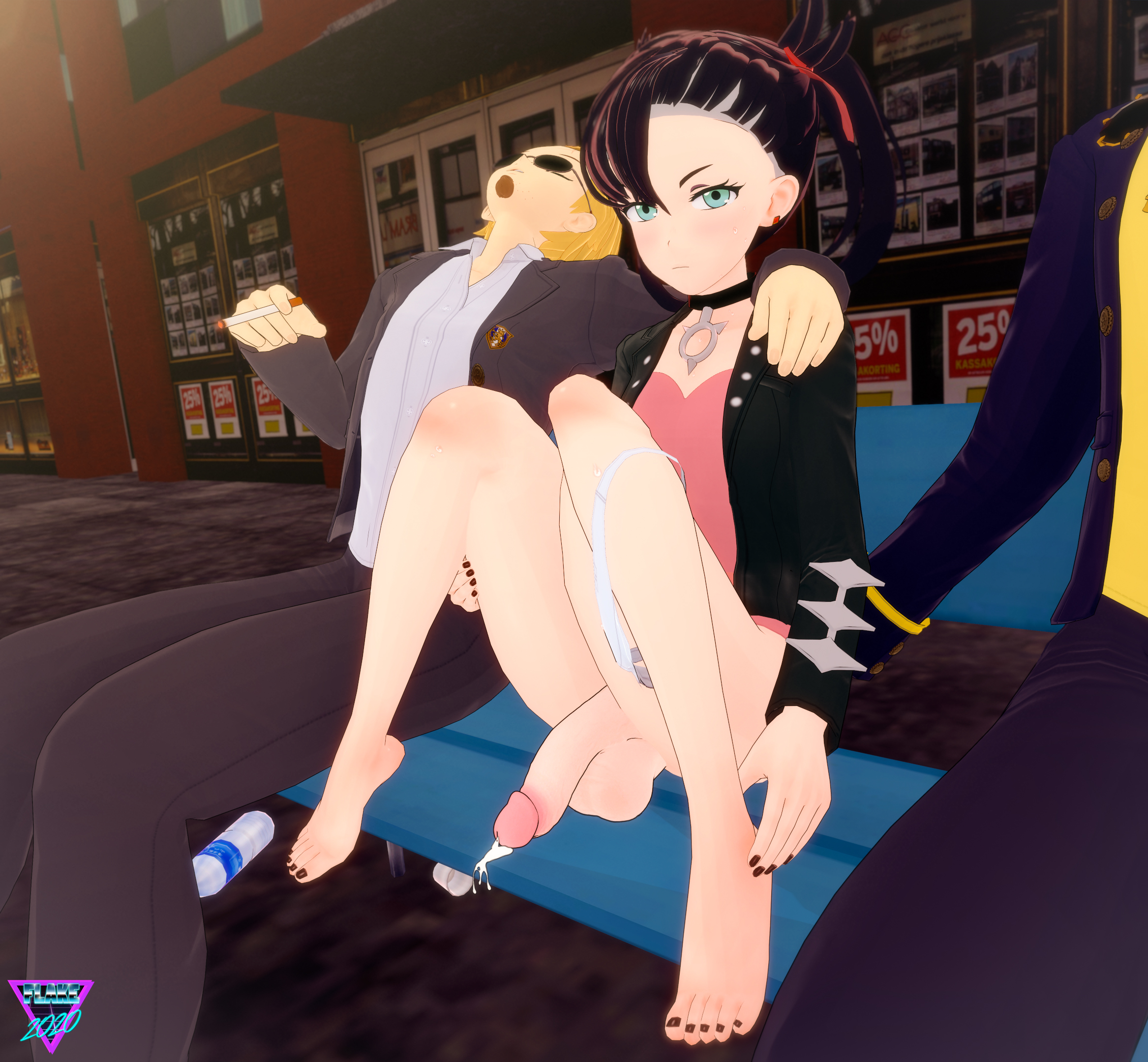 1futa, 2boys, 3d, balls, black hair, black nails, blue eyes, bottomless, choker, cum, cum drip, cumshot, dress, ejaculation, erection, eye contact, feet, flat chest, futa with male, futanari, hair over one eye, half-closed eyes, hands-free, handsfree ejaculation, human only, intersex, jacket, khornflakesfm, koikatsu, looking at viewer, male, male with male, marnie (pokemon), nintendo, outdoors, penis, pokemon, pokemon ss, smoking, testicles, text, twintails, watermark, wide hips