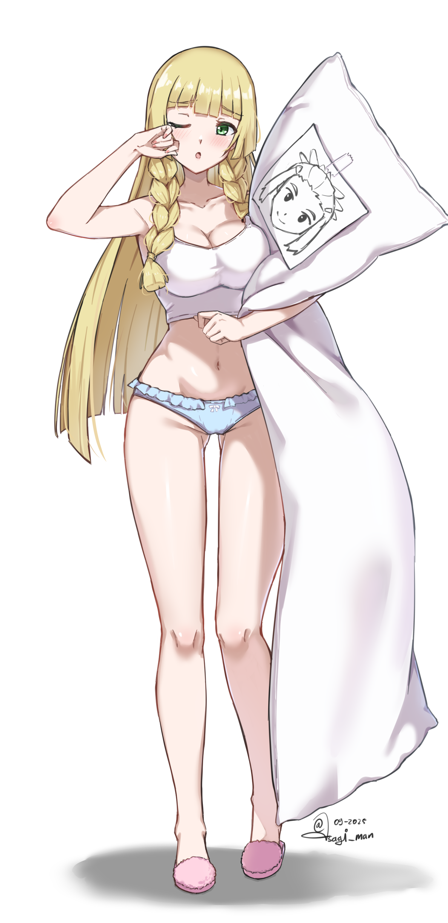 1girls, aged up, alternate breast size, blonde hair, blue panties, breasts, collarbone, commission, dakimakura (object), drawing (object), female, full body, green eyes, hau (pokemon), holding pillow, lillie (pokemon), long hair, looking at viewer, nail polish, navel, nintendo, one eye closed, panties, pillow, pixiv commission, pokemon, pokemon sm, signature, slippers, solo, standing, sundajin asagi, tank top, tape, white tank top