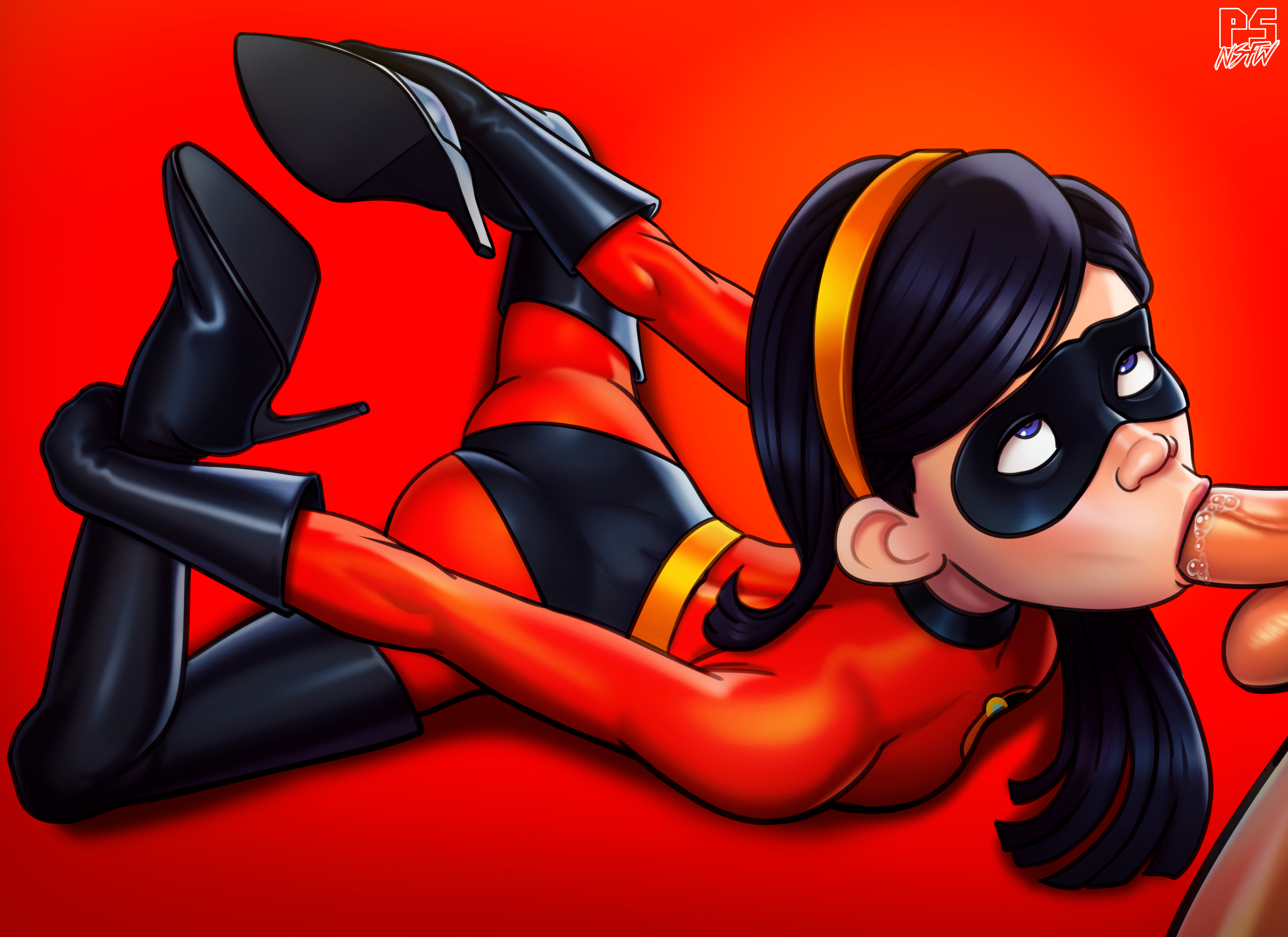 :>=, 1boy, 1girls, 2d, angry dragon, artist name, black hair, black-haired female, blowjob, clothing, disney, duo, erection, fellatio, female, full color, fully clothed, hair, male, mask, oral, oral penetration, oral sex, penis, pixar, pumpkinsinclair, smooth skin, straight, sucking, the incredibles, uniform, unseen male face, violet parr, watermark