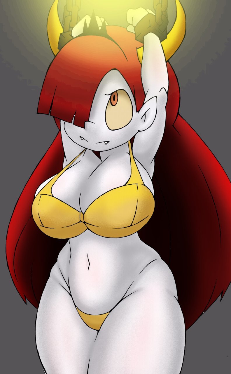 1girls, arms up, better version at source, bondage, bra, breasts, chains, demon, disney, disney channel, disney xd, female, hekapoo, long hair, looking up, massive breasts, panties, red hair, solo, solo female, star vs the forces of evil, thong, tied up, underwear, white skin, yellow underwear