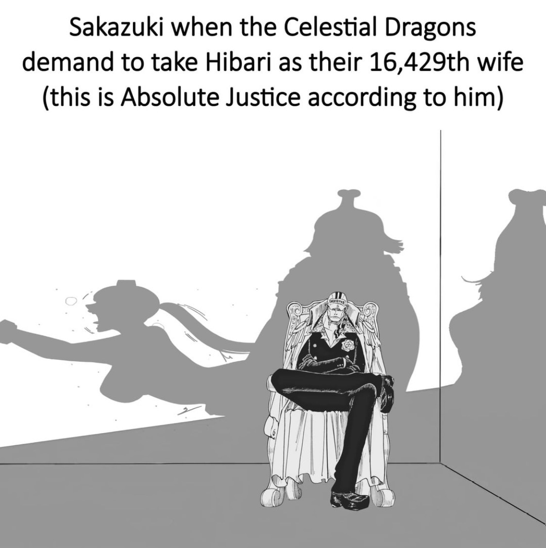 1girls, 2boys, agenda piece, akainu, backshots, caption, celestial dragon, cuck chair, cuckold, female, hibari (one piece), male, meme, one piece, piratefolk, r/piratefolk, rape, raped, restrained, sakazuki, shadow, slave, tenryuubito, watching