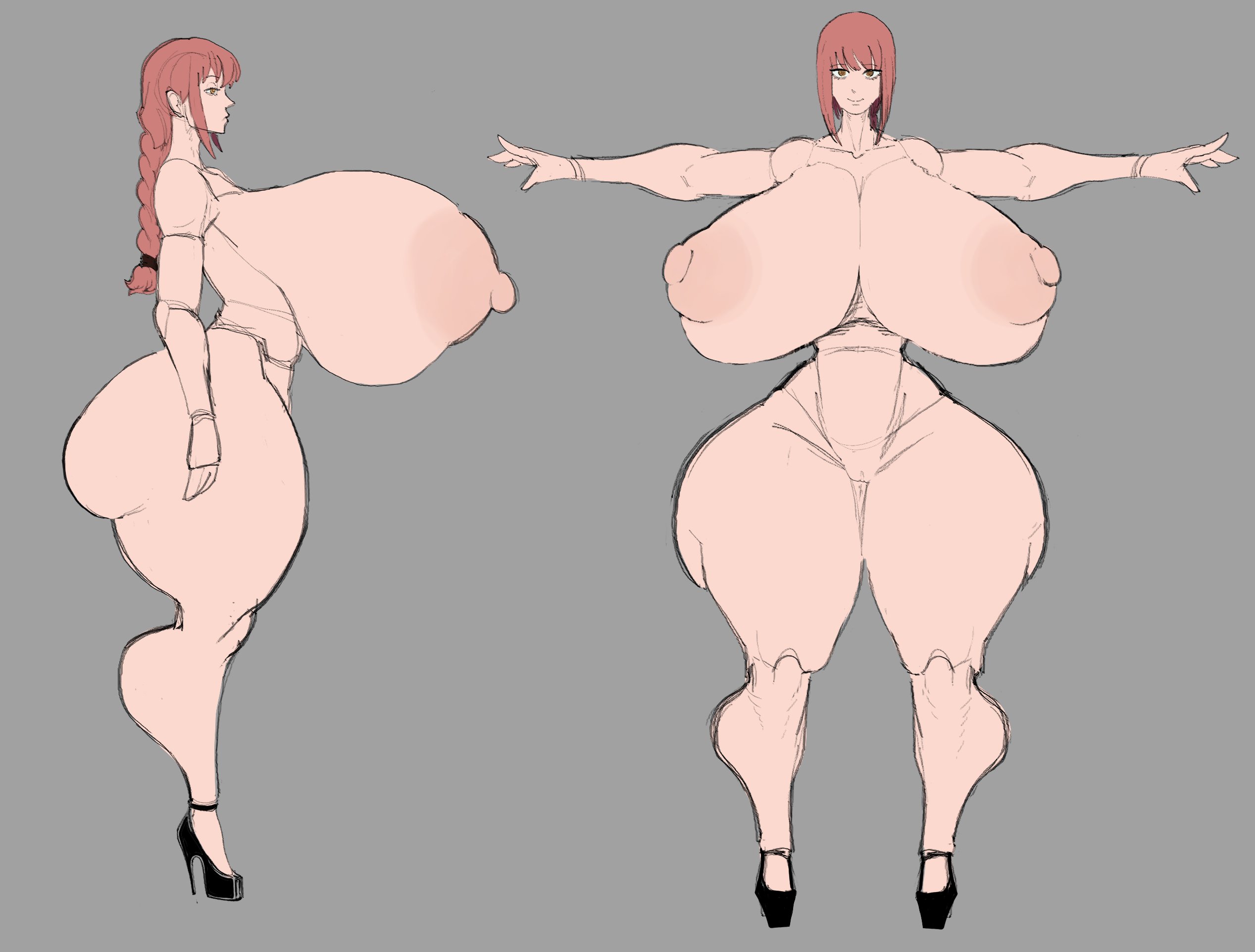 breasts, chainsaw man, female, huge breasts, huge thighs, makima (chainsaw man), massive breasts, mybigbaws, nude, reference sheet, tagme, thick thighs, wide hips