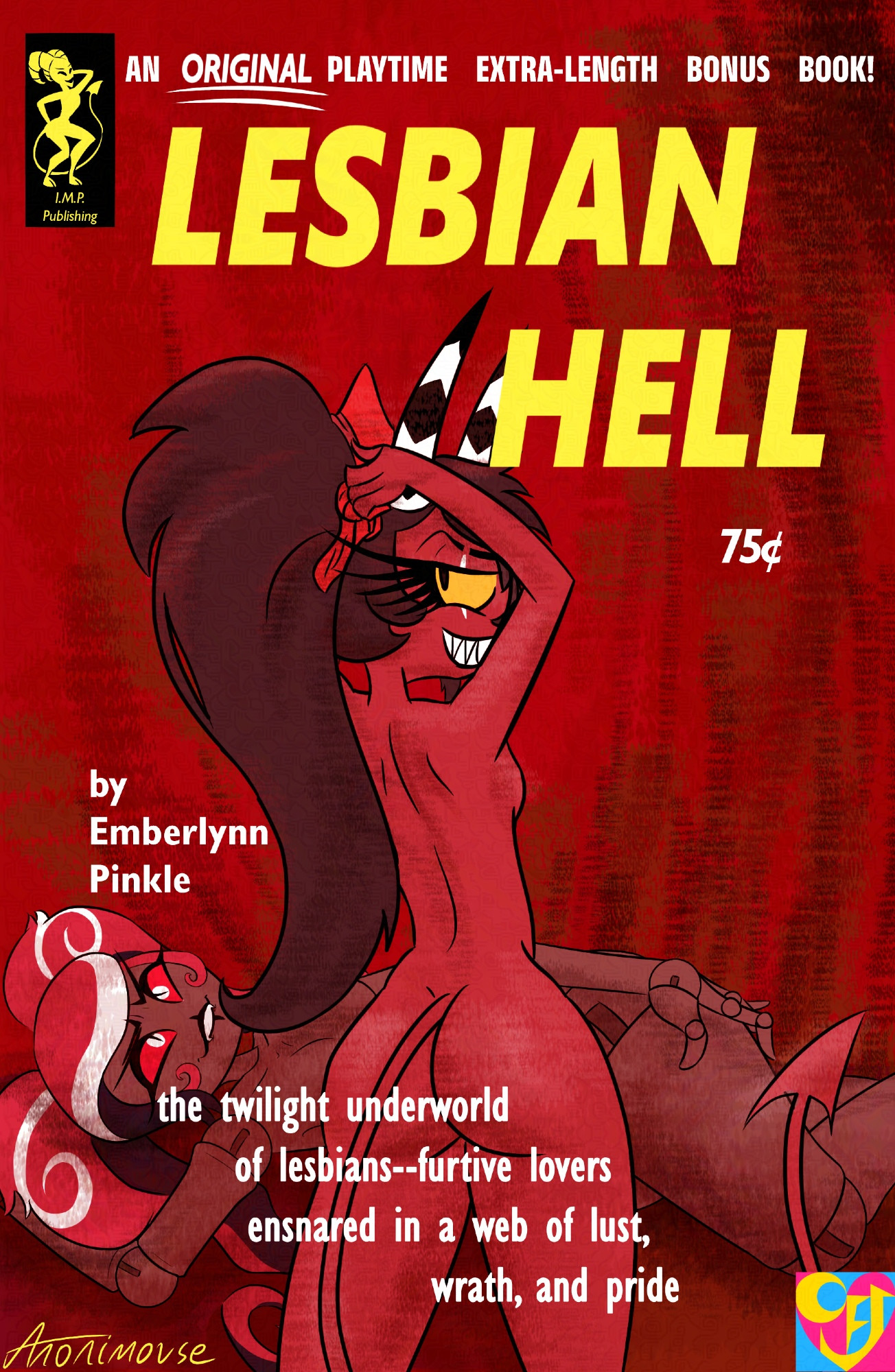 2girls, anonimouse8th, ass, breasts, emberlynn pinkle, female, female only, hazbin hotel, helluva boss, i prefer girls, nude, pinup, sallie may (helluva boss), tagme, velvette, yuri