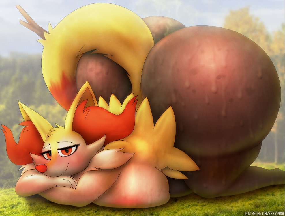 2d, ass, ass bigger than head, ass so fat you can see it from the front, big ass, big breasts, big butt, braixen, breasts, fat ass, fat butt, fat thighs, female, female only, fire type, fox, furry, furry female, furry only, huge ass, huge butt, laying on stomach, looking at viewer, musk, musk clouds, naked, nintendo, nipples, no sex, nude, pokemon, pokemon (species), smiling, smiling at viewer, solo, solo female, squished breasts, swamp ass, sweat, sweating, sweaty, sweaty female, tail, thick thighs, zexyprof