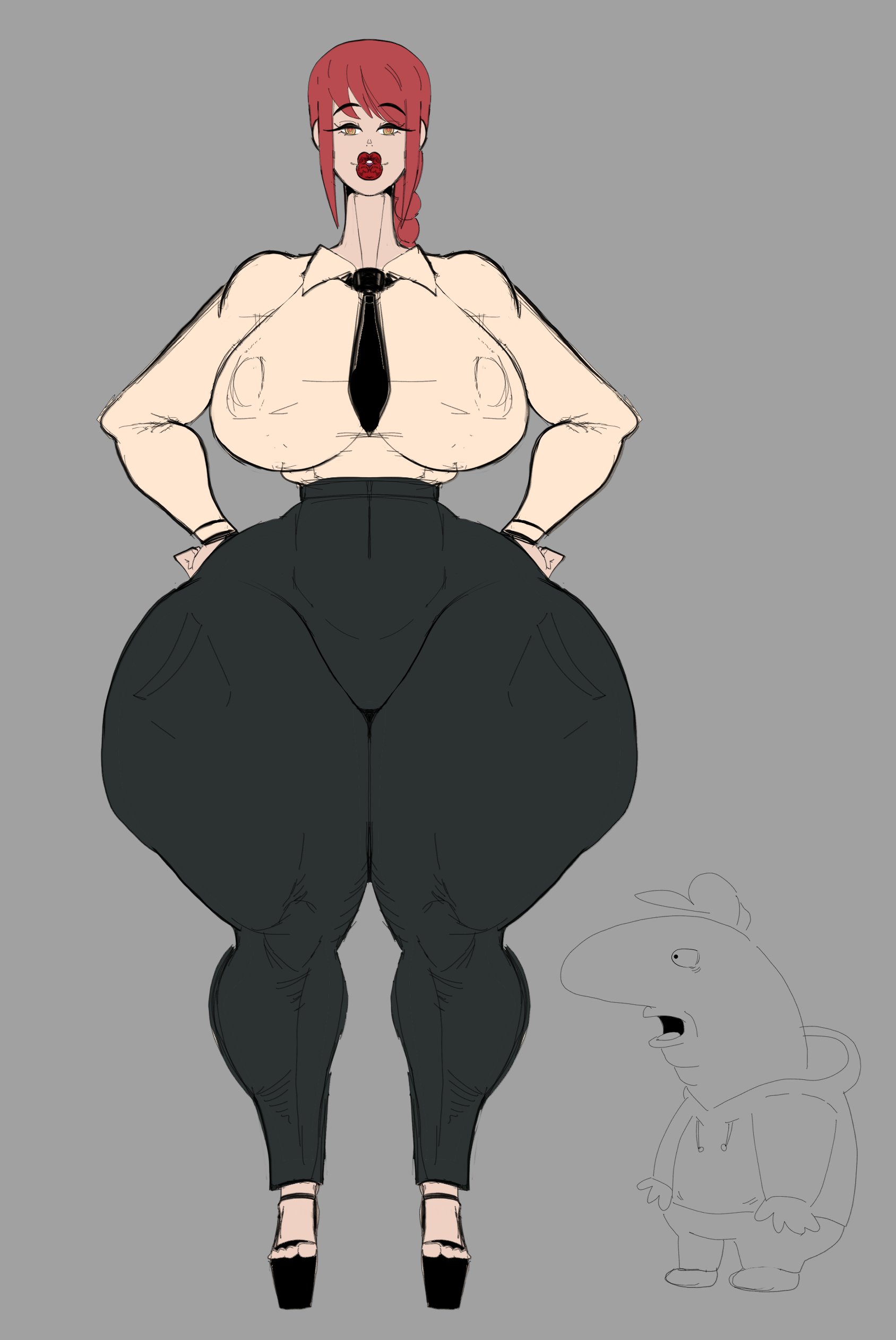 adult swim, bimbo, bimbo body, bimbo lips, bimbofied, breasts, chainsaw man, charlie (smiling friends), female, hands on hips, hourglass figure, huge breasts, huge thighs, lipstick, makima (chainsaw man), mybigbaws, nipple bulge, red hair, red lips, red lipstick, smiling friends, tall, taller female, thick thighs, thin waist, tight clothing, wide hips