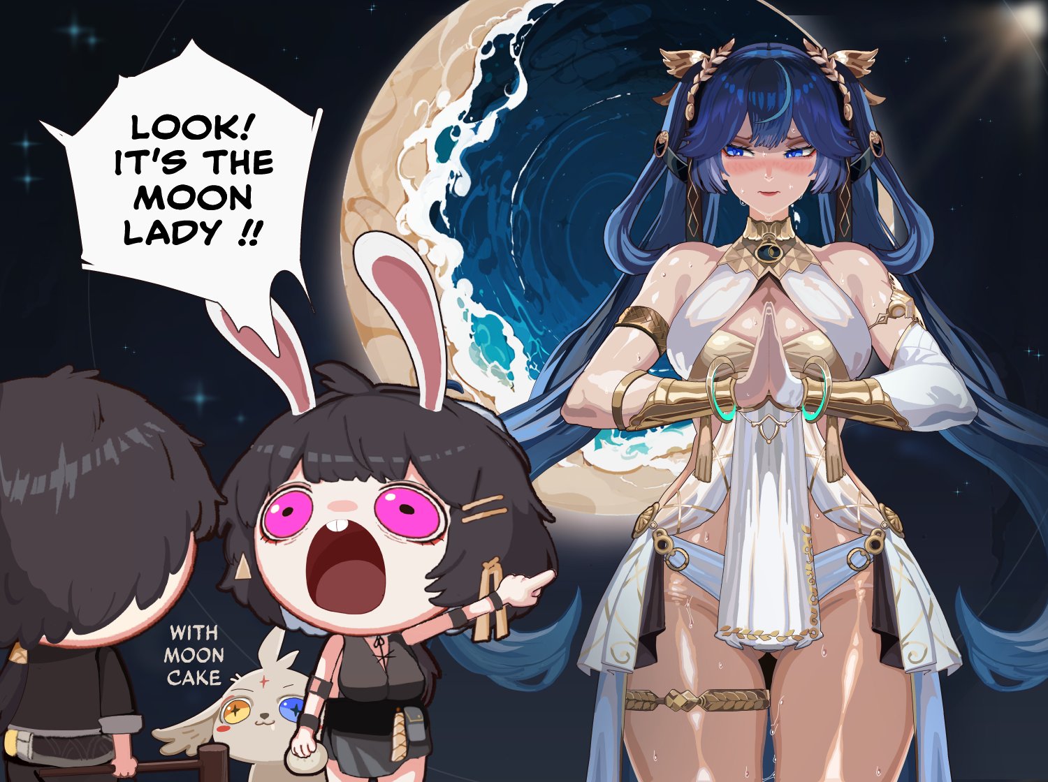 1boy, 2girls, abby (wuthering waves), ahoge, ancient greek clothes, animal ears, armlet, bare shoulders, black hair, black skirt, blue eyes, blue hair, blush, breasts, butt crack, closed mouth, english text, female, female rover (wuthering waves), gold bra, greco-roman clothes, hair ornament, hairclip, hand up, heterochromia, iuno (wuthering waves), jacket, jewelry, kinohara kossuta, large breasts, laurel crown, long hair, looking at another, looking at viewer, male, male rover (wuthering waves), meme, multicolored hair, multiple females, multiple girls, pink eyes, rover (wuthering waves), showgirl skirt, skirt, streaked hair, thighlet, thighs, twintails, vambraces, wuthering waves, yellow eyes