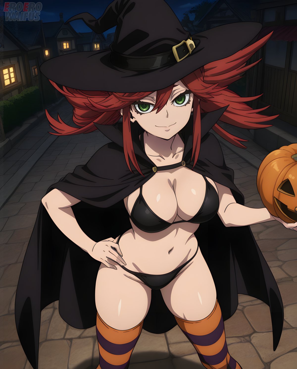 ai generated, athletic female, bare thighs, bikini, breasts, eroero waifus, female, gachiakuta, green eyes, halloween, huge breasts, huge thighs, large breasts, light skin, light-skinned female, looking at viewer, red hair, riyou reaper, smiling, solo female, squatting, stockings, sweat, sweatdrop, thick body, thick female, thick thighs, thighs, twintails, voluptuous, voluptuous female, witch hat