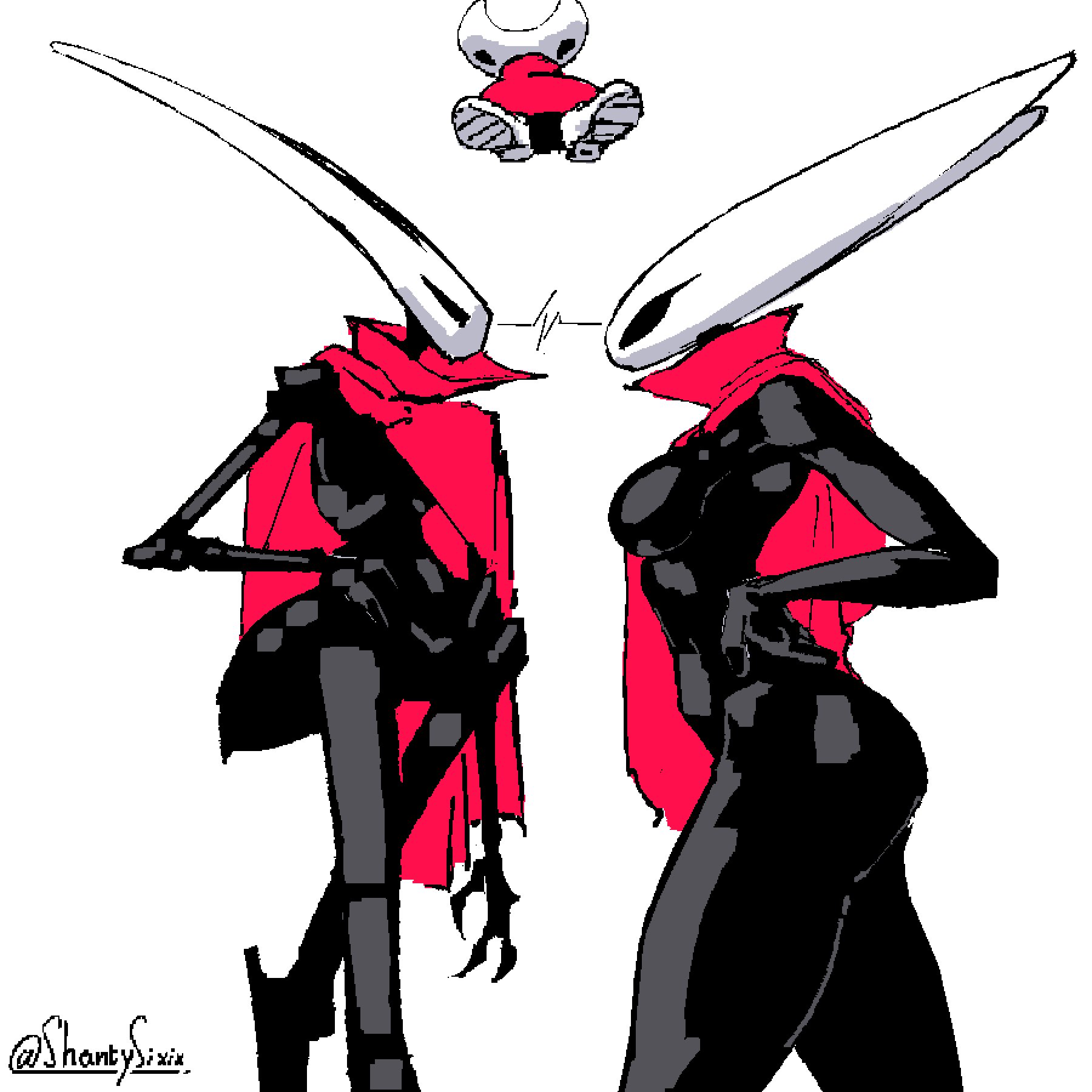 arthropod, ass, black arms, black body, black breasts, black butt, black exoskeleton, black fingers, black hands, black legs, breasts, cloak, cloak only, clothed, clothing, exoskeleton, eye contact, female, footwear, hi res, hollow knight, hornet (hollow knight), looking at another, monotone cloak, red cloak, red clothing, shantysixix, square crossover, white clothing, white footwear, white head