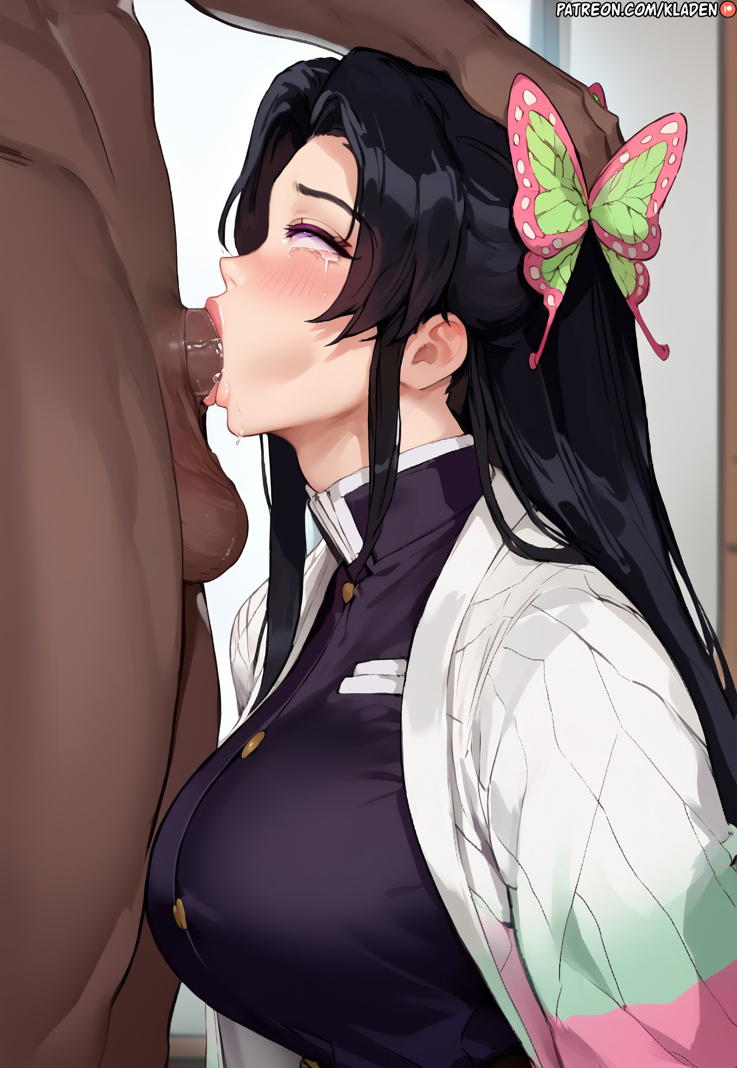 1boy, 1boy1girl, 1girls, ahe gao, ahegao face, ai generated, all the way to the base, balls, balls deep, before sex, big breasts, big penis, black hair, blowjob, blowjob face, blush, breasts, breasts bigger than head, busty, butterfly hair ornament, cheating, clothing, cock worship, cum in mouth, cum inside, cumming in mouth, curvaceous, curvy body, curvy female, curvy figure, dark skin, dark-skinned male, deep blowjob, deep penetration, deepthroat, demon slayer, drooling, embarrassed, erection, eyelashes, eyes rolling back, fellatio, fellatio face, female, femsub, forced, forced oral, giant breasts, grabbing, grabbing hair, grabbing head, half-closed eyes, head grab, heavy breathing, hips, hourglass figure, huge breasts, huge cock, humiliated, humiliation, indoors, interracial, kimetsu no yaiba, kladen, kladenart, kneeling, kochou kanae, large ass, large breasts, large butt, large thighs, light skin, light-skinned female, lipstick, long hair, male, male/female, mature, mature female, milf, mommy, netorare, ntr, oral, oral penetration, oral sex, pale skin, pale-skinned female, parted bangs, penis, presenting, presenting breasts, purple eyes, rolling eyes, saliva, saliva trail, seductive, seductive eyes, seductive look, seductive pose, shiny skin, side view, sidelocks, skin tight, solo focus, stable diffusion, tearing up, tears, testicles, thick, thick penis, unseen male face, voluptuous, voluptuous female, voluptuous teenager, wide ass, wide hips