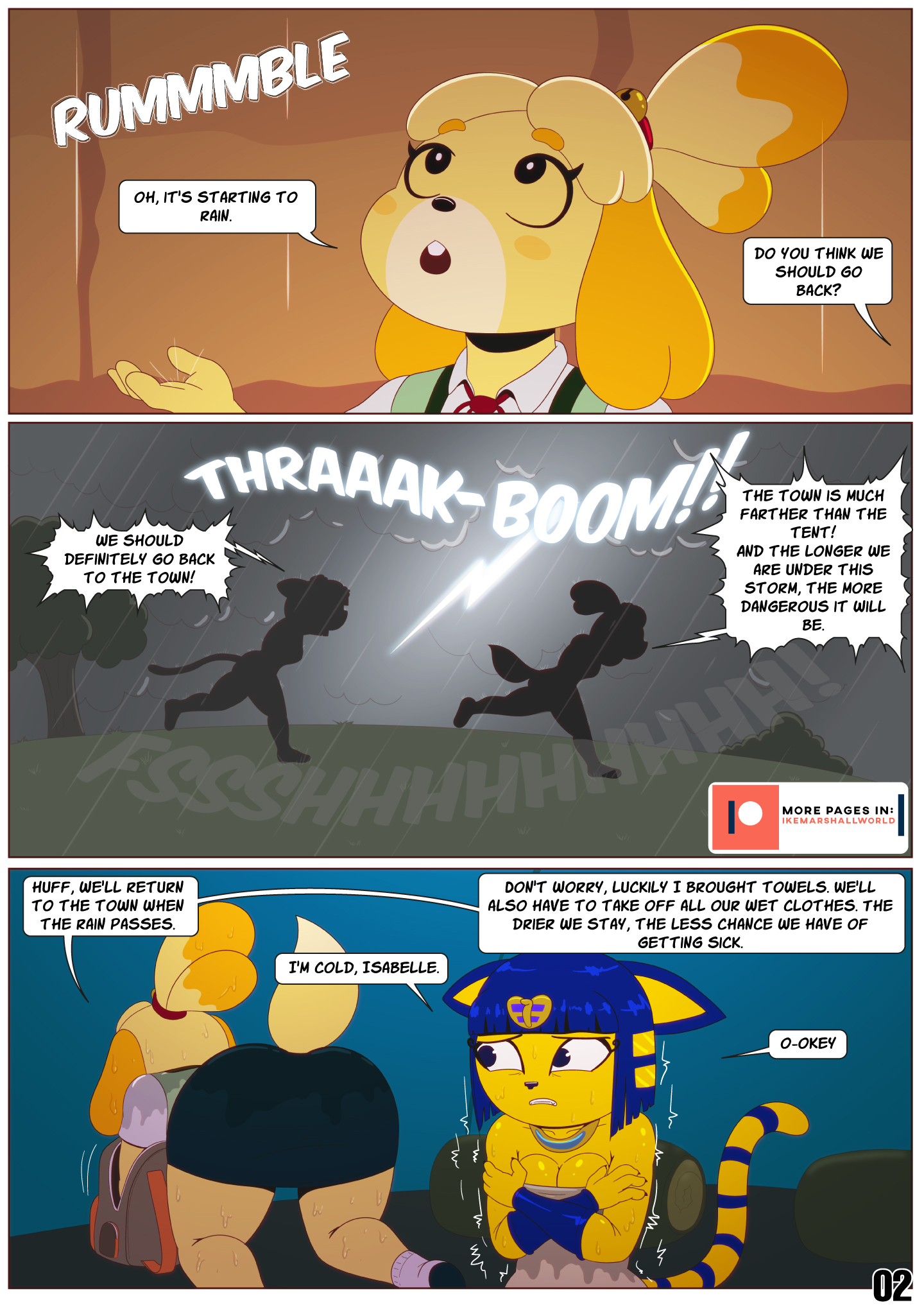 2futas, animal crossing, ankha, anthro, canid, canine, canis, comic, dialogue, domestic cat, domestic dog, felid, feline, felis, female, futa on futa, futa only, futanari, ike marshall, isabelle (animal crossing), raining, thunder, wet, wet body, wet clothes