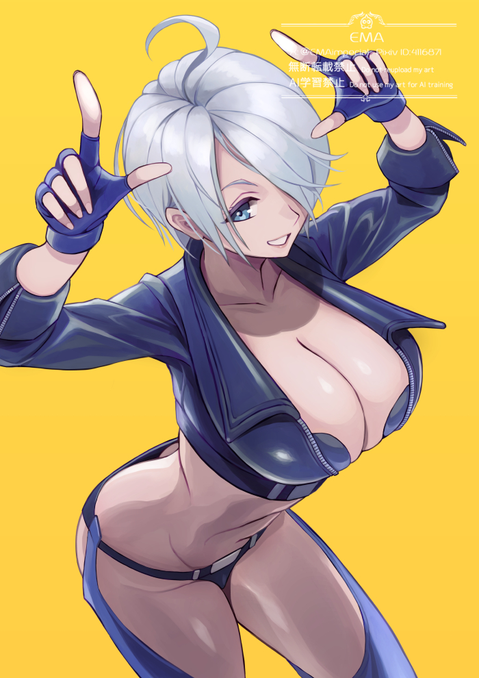 1girls, angel (kof), ass, backless pants, blue eyes, bra, breasts, butt crack, chaps, cleavage, cropped jacket, downpants, ema (emaura), female, female only, fingerless gloves, gloves, hair over one eye, horns pose, index fingers raised, jacket, king of fighters, large breasts, leather, leather jacket, looking at viewer, mexico, midriff, navel, panties, pants, short hair, smile, snk, solo, strapless, strapless bra, the king of fighters, the king of fighters 2001, the king of fighters xiv, toned, toned female, underwear, watermark, white hair