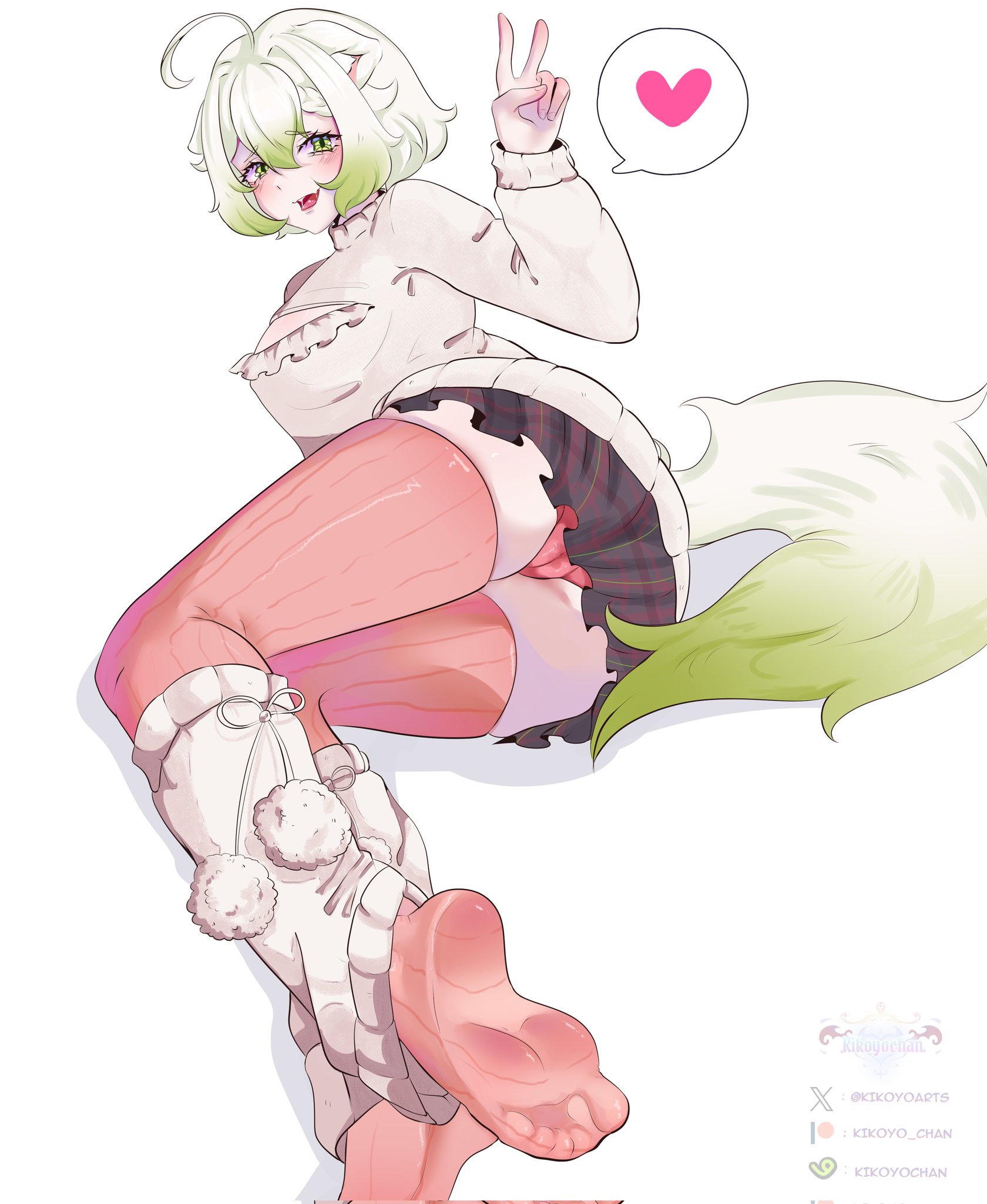 1girls, ass, big ass, breasts, cheeks, cleavage, cleavage cutout, feet, female, green eyes, green hair, heart, indie virtual youtuber, kikoyo, laimu, laimu (winter), large ass, large breasts, panties, skirt, socks, sweater, thighhighs, thighs, upskirt, v, virtual youtuber, vtuber, white hair, winter clothes