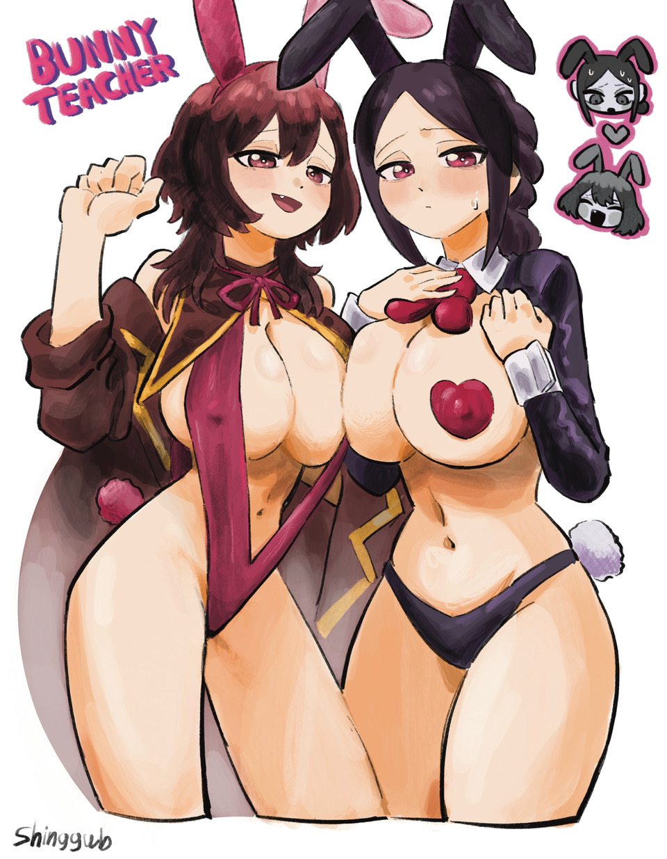 2girls, ajikenai, black hair, bonnouji momoha, breasts, brown hair, bunny ears, bunny tail, bunnysuit, female, kimi no koto ga dai dai dai dai daisuki na 100-nin no kanojo, large breasts, morikita kimari, teacher