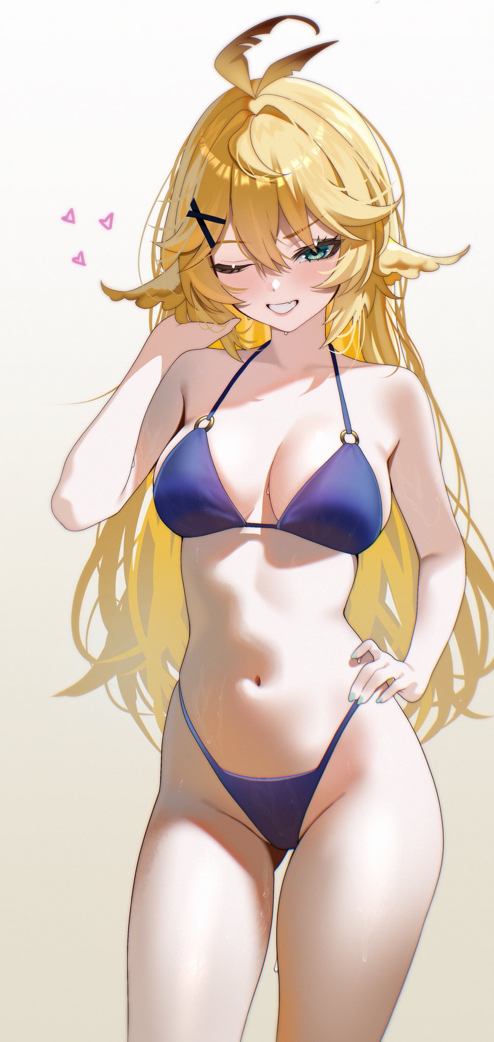 bikini, bird girl, blonde hair, breasts, cleavage, dokibird, female, green eyes, indie virtual youtuber, legs, long hair, looking at viewer, raituna, smile, tummy, virtual youtuber, vtuber, wink