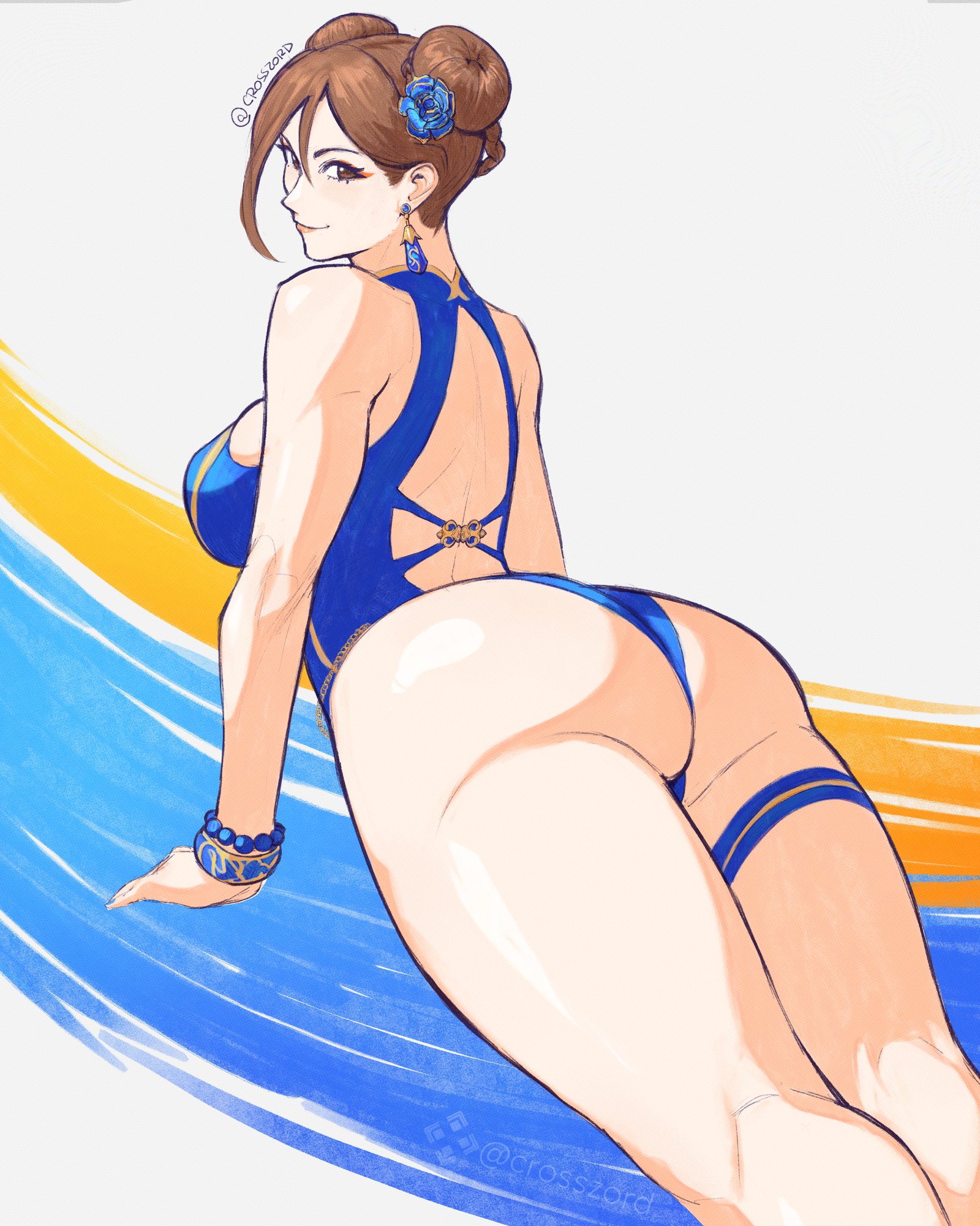 1girls, ass, ass focus, back cutout, badonkadonk, bare shoulders, bikini, blue bikini, blue flower, blue one-piece swimsuit, blue swimsuit, boobies, boobs, booty, bracelet, breasts, brown eyes, brown hair, butt, capcom, chun-li, closed mouth, clothing cutout, commentary, crosszord, double bun, earrings, english commentary, eyeliner, feet out of frame, female, female only, flower, from behind, from side, hair bun, hair flower, hair ornament, highres, huge ass, huge booty, huge butt, jewelry, large boobies, large boobs, large breasts, large tiddies, large tits, large titties, looking at viewer, makeup, official alternate costume, one-piece swimsuit, red eyeliner, smile, solo, spankable ass, street fighter, street fighter 6, swimsuit, thigh strap, thighs, tiddies, tits, titties, twitter username