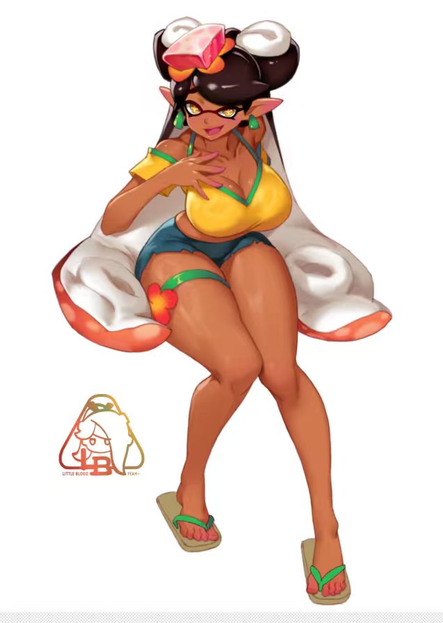 1girls, artist logo, big breasts, brazilian miku (cosplay), breasts, callie (splatoon), denim, denim shorts, female, hair ornament, large breasts, little blood, long hair, open mouth, shorts, simple background, solo, splatoon, splatoon (series), tentacle hair, thick thighs, thighs, two-tone hair, white background