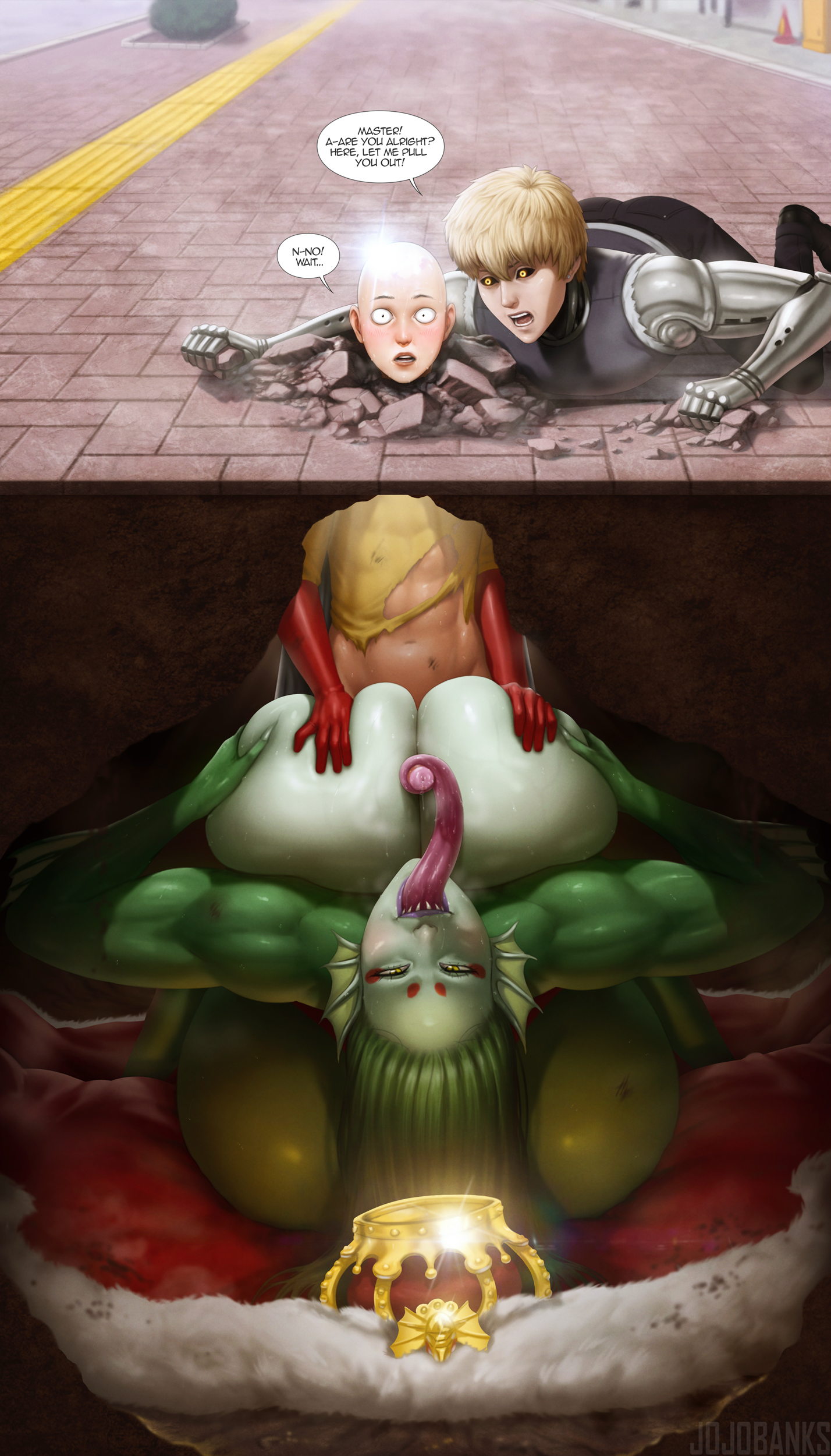 anime, bald male, blush, blush lines, boobjob, breast grab, breast squeeze, breasts, crown, cyborg, deep sea king, dialogue bubble, english, english dialogue, english text, fanart, female, femdom, fish girl, genos, giantess, green hair, green skin, huge breasts, jojobanks, large female, long hair, long tongue, looking at viewer, male, mini giantess, monster, monster girl, muscles, muscular, muscular female, one-punch man, precum, rule 63, saitama, sharp teeth, speech bubble, stuck, stuck in ground, superhero, surprised, surprised expression, sweat, sweating, thick, titjob, tonguejob, veiny breasts, villainess, voluptuous, voluptuous body, voluptuous female, yellow eyes