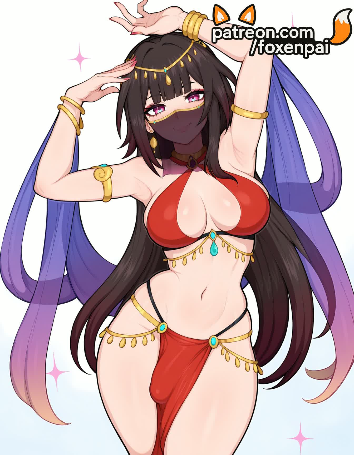 1futa, 2025, ai generated, armpits, arms up, artist name, bracelet, breasts, bust, chest, earrings, foxenpai, futanari, glint, hi res, high quality, high resolution, highres, honkai (series), honkai: star rail, jewelry, long hair, looking at viewer, navel, patreon, patreon username, smile, solo, sparkle, sparkle (honkai: star rail), sparkle background, stable diffusion, watermark