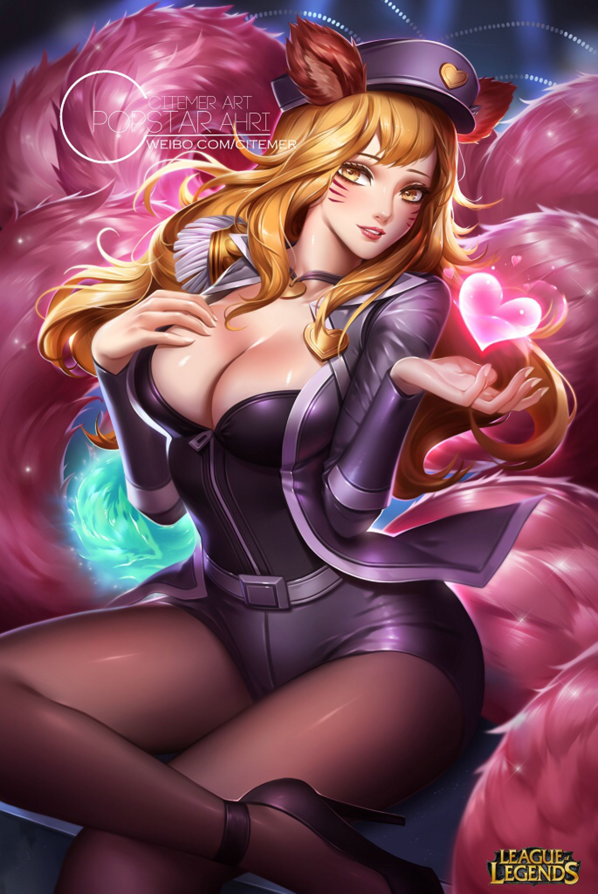 ahri, ass, big ass, big breasts, blonde hair, breasts, citemer, curvy, female, fox ears, fox tail, league of legends, pantyhose, popstar ahri, wide hips