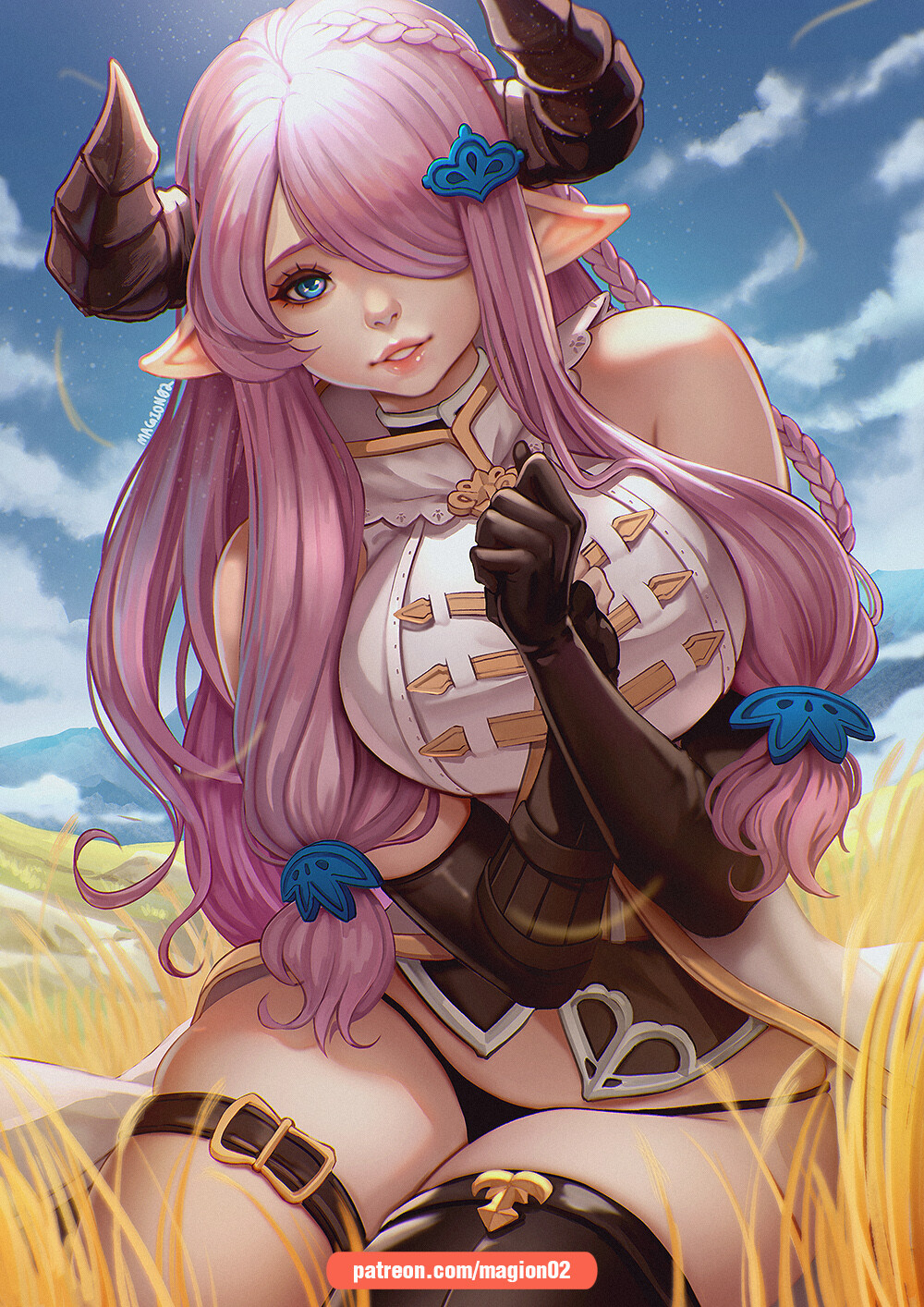 draph, draph race (granblue fantasy), elf ears, granblue fantasy, horns, magion02, narmaya (granblue fantasy), pink hair, pointy ears