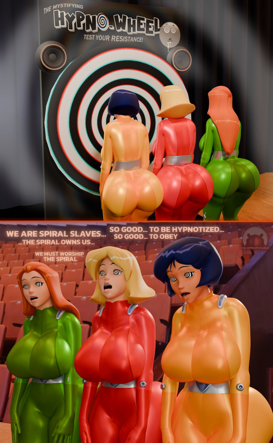 3 bodysuits, 3d, 3girls, alex (totally spies), ass bigger than head, big ass, big breasts, big thighs, black hair, blonde, blonde female, blonde hair, blonde-haired female, bodysuit, breasts, breasts bigger than head, brunette, cinema, clover (totally spies), curvaceous, curvy, curvy figure, drooling, dumptruck butt, female, hips, hourglass figure, huge ass, huge breasts, huge thighs, hypnopotamus, hypnosis, large ass, large breasts, large thighs, legs, light skin, light-skinned female, mature, mature female, mind control, movie theater, multiple females, multiple girls, orange hair, orange hair female, orange-haired female, red hair, redhead, sam (totally spies), slim waist, thick, thick hips, thick legs, thick thighs, thighs, thighs bigger than head, totally spies, voluptuous, waist, wide hips, wide thighs