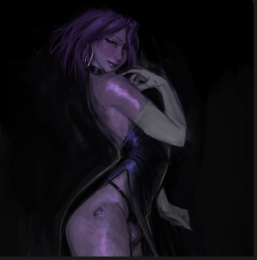 balls, chastity cage, choker, crossdressing, dress, earrings, fatteacoffee, femboy, gloves, makeup, male, purple body, purple hair, purple skin, queen of spades, short hair, sissy, testicles, white gloves