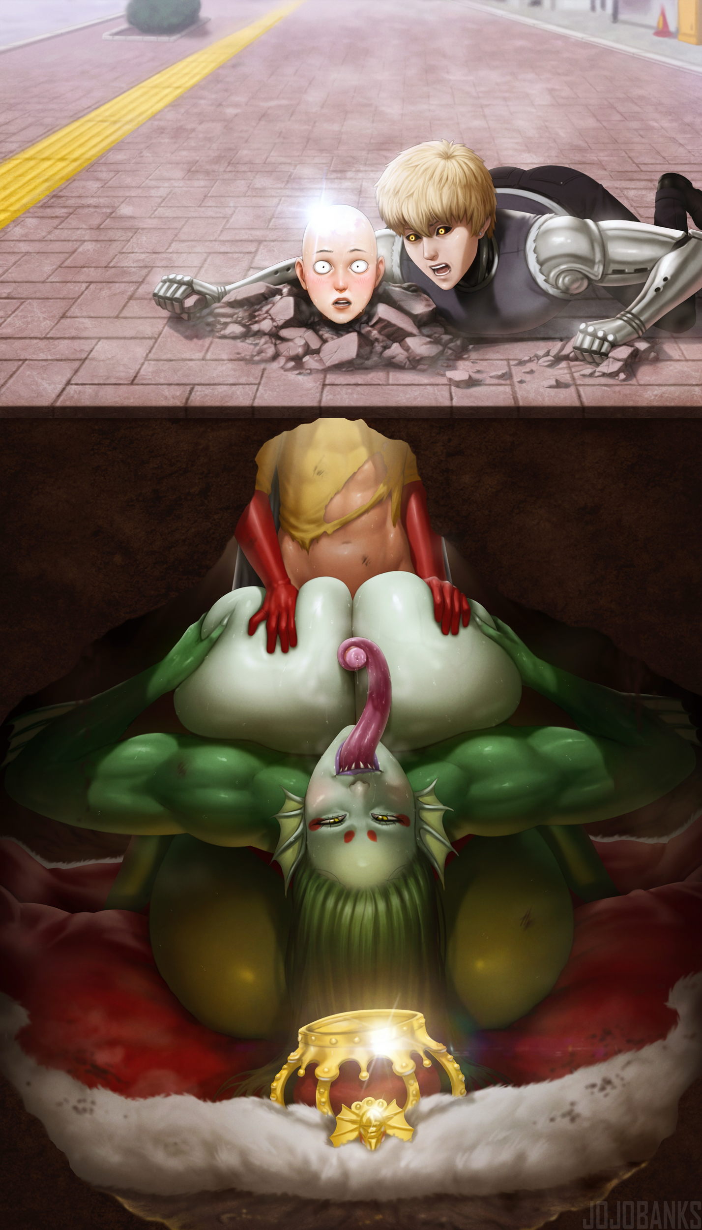 anime, ass, ass focus, bald male, big ass, big breasts, blush, blush lines, boobjob, breast grab, breast squeeze, breasts, bubble butt, crown, curvy, curvy body, curvy female, curvy figure, cyborg, deep sea king, enormous ass, enormous breasts, fanart, fat ass, female, femdom, fish girl, genos, giantess, gigantic ass, gigantic breasts, green hair, green skin, huge ass, huge breasts, hyper ass, hyper breasts, hyper hips, hyper thighs, jojobanks, large female, long hair, long tongue, looking at viewer, male, mature, mature body, mature figure, mature woman, milf, mini giantess, mommy, monster, monster girl, muscles, muscular, muscular female, one-punch man, precum, round ass, rule 63, saitama, sharp teeth, stuck, stuck in ground, superhero, surprised, surprised expression, sweat, sweating, thick, thick ass, thick thighs, thighs, titjob, tonguejob, veiny breasts, villainess, voluptuous, voluptuous body, voluptuous female, wide hips, yellow eyes