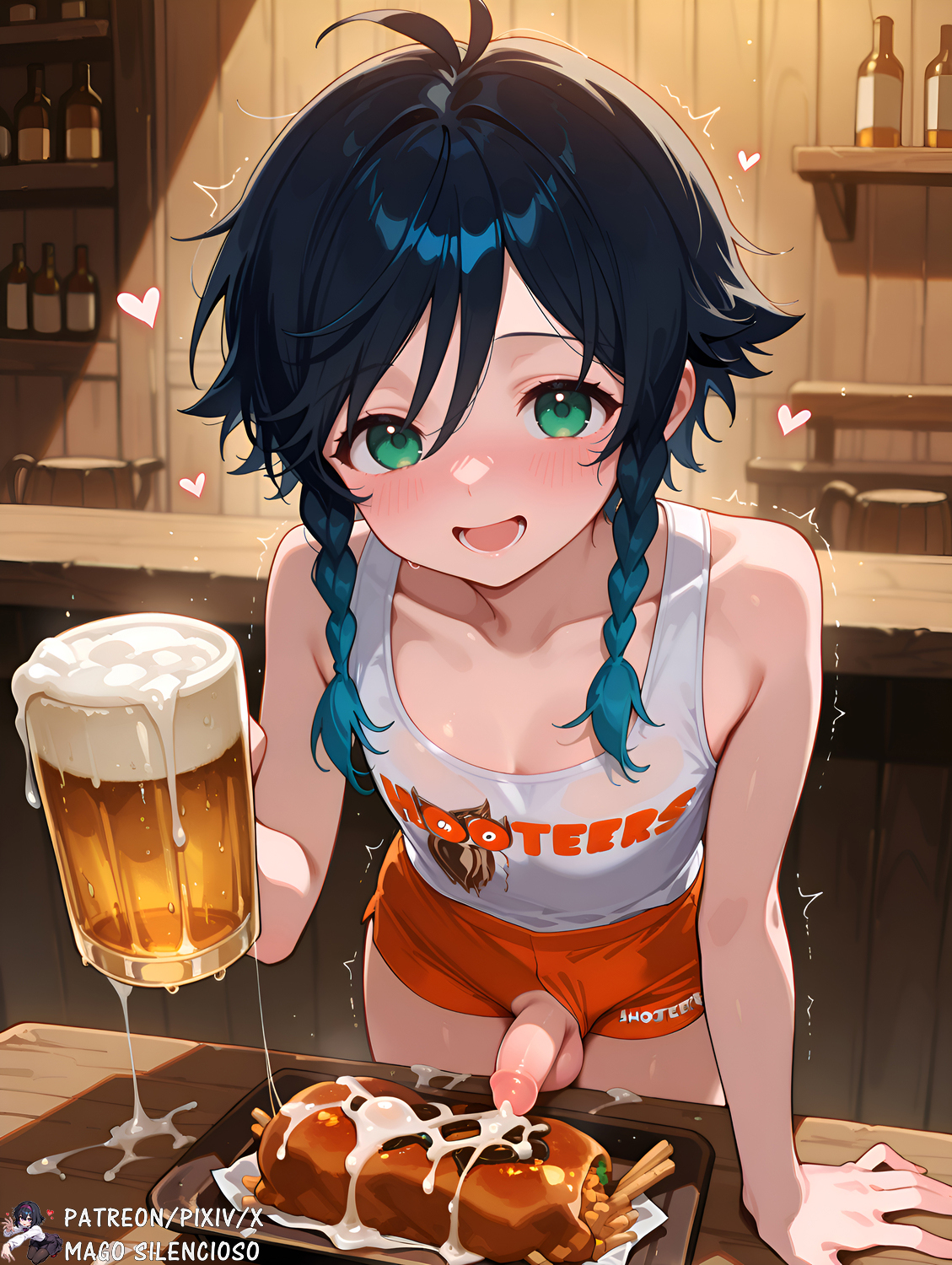 ai generated, beer, cum on food, femboy, hooters uniform, magosilencioso, male, otoko no ko, sissy, trap, venti (genshin impact)