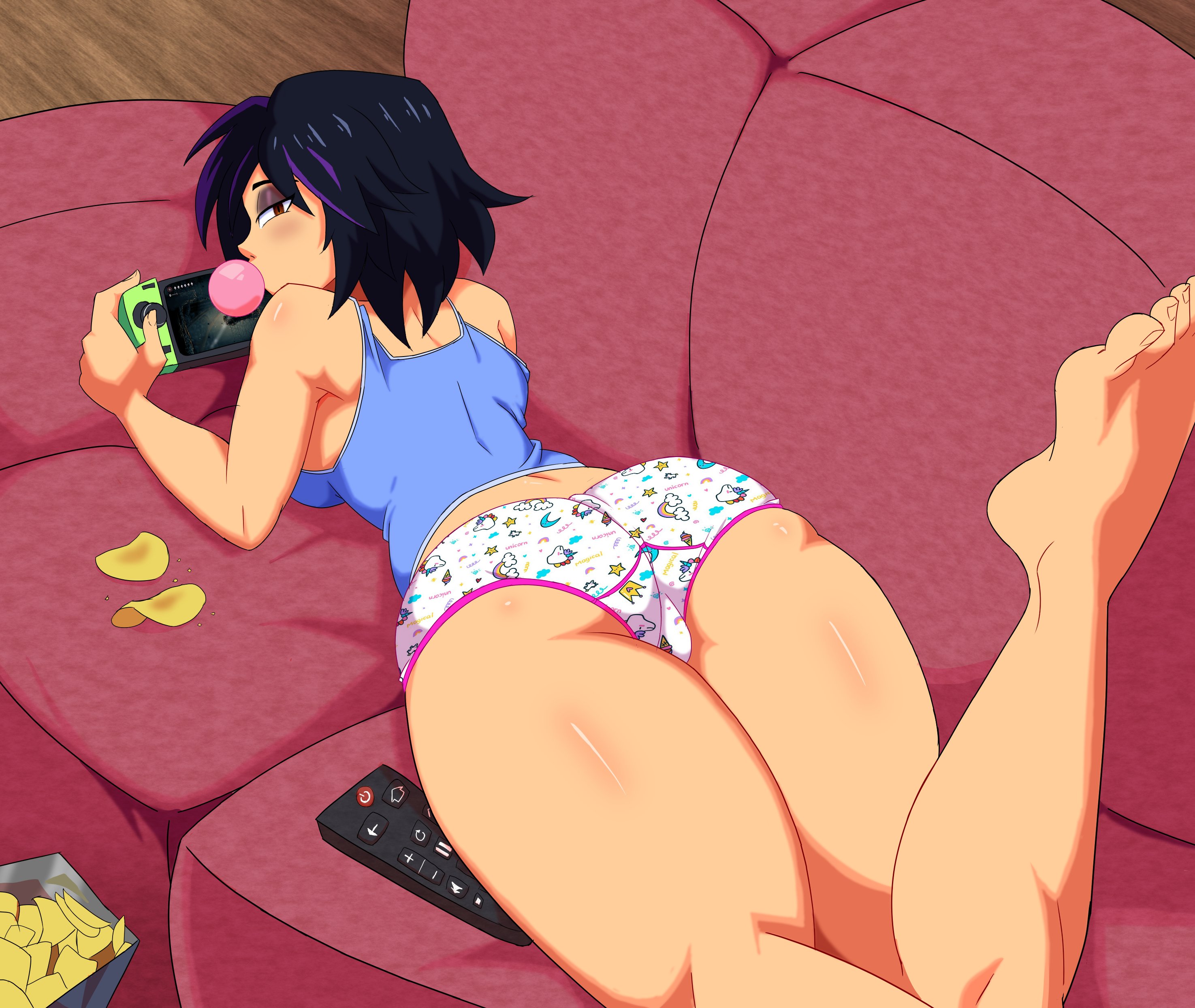 1girls, 2025, 2d, ass, barefoot, big hero 6, black hair, blowing bubblegum, breasts, brown eyes, bubble gum, childish panties, chips (food), clothed, clothed female, color, feet, feet up, female, female only, full color, gogo tomago, hollow knight, imsomethingradical, looking back, lying, marvel, marvel comics, no pants, non-nude, on stomach, panties, playing videogame, print panties, solo, tagme, tank top, thick thighs, thighs, white panties