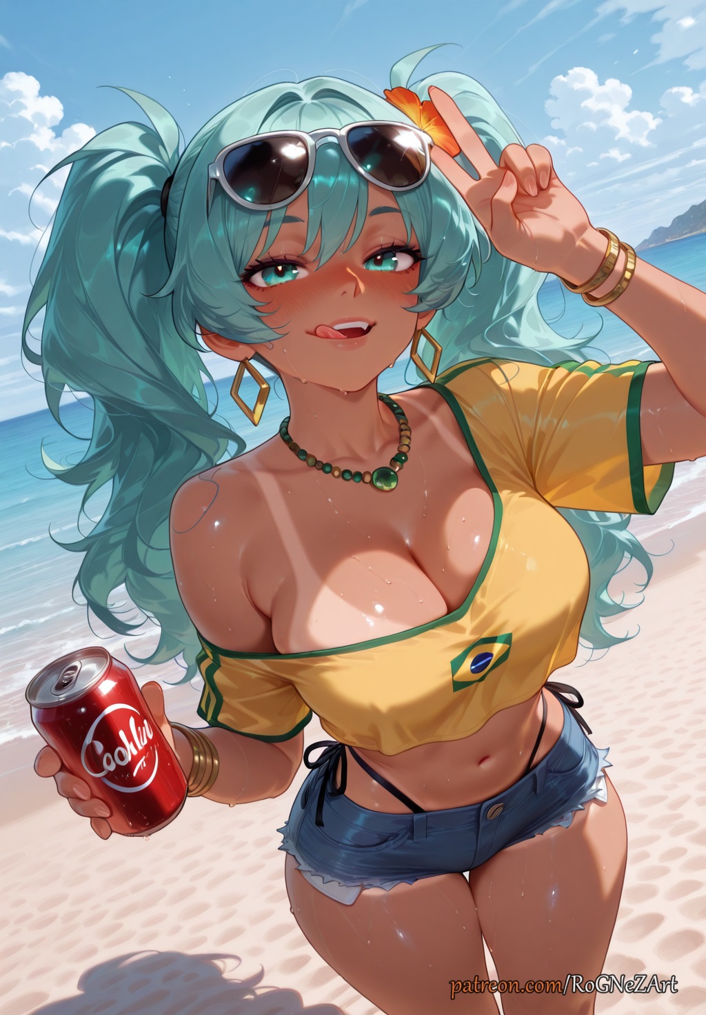 1girl, 2025, ai generated, anime, aqua eyes, aqua hair, bangs, beach, bikini, bikini tan, blue sky, blush, bracelet, brazilian miku, breasts, can, cleavage, cloud, coca-cola, collarbone, cowboy shot, crop top, crossover, cutoffs, dark skin, dark-skinned female, day, denim, denim shorts, earrings, eye contact, eyewear on head, female, female focus, female only, flower, flushed, hair accessory, hair flower, hair ornament, hatsune miku, highleg, highres, holding, hoop earrings, huge breasts, jewelry, large breasts, long hair, looking at viewer, midriff, navel, necklace, ocean, off shoulder, outdoors, patreon, rognezart, shirt, short shorts, short sleeves, shorts, side-tie bikini bottom, sky, smile, smiling, solo, sunglasses, sweat, sweaty, swimsuit, tan, tanlines, thigh gap, tongue, tongue out, twintails, v, very long hair, vocaloid, yellow shirt