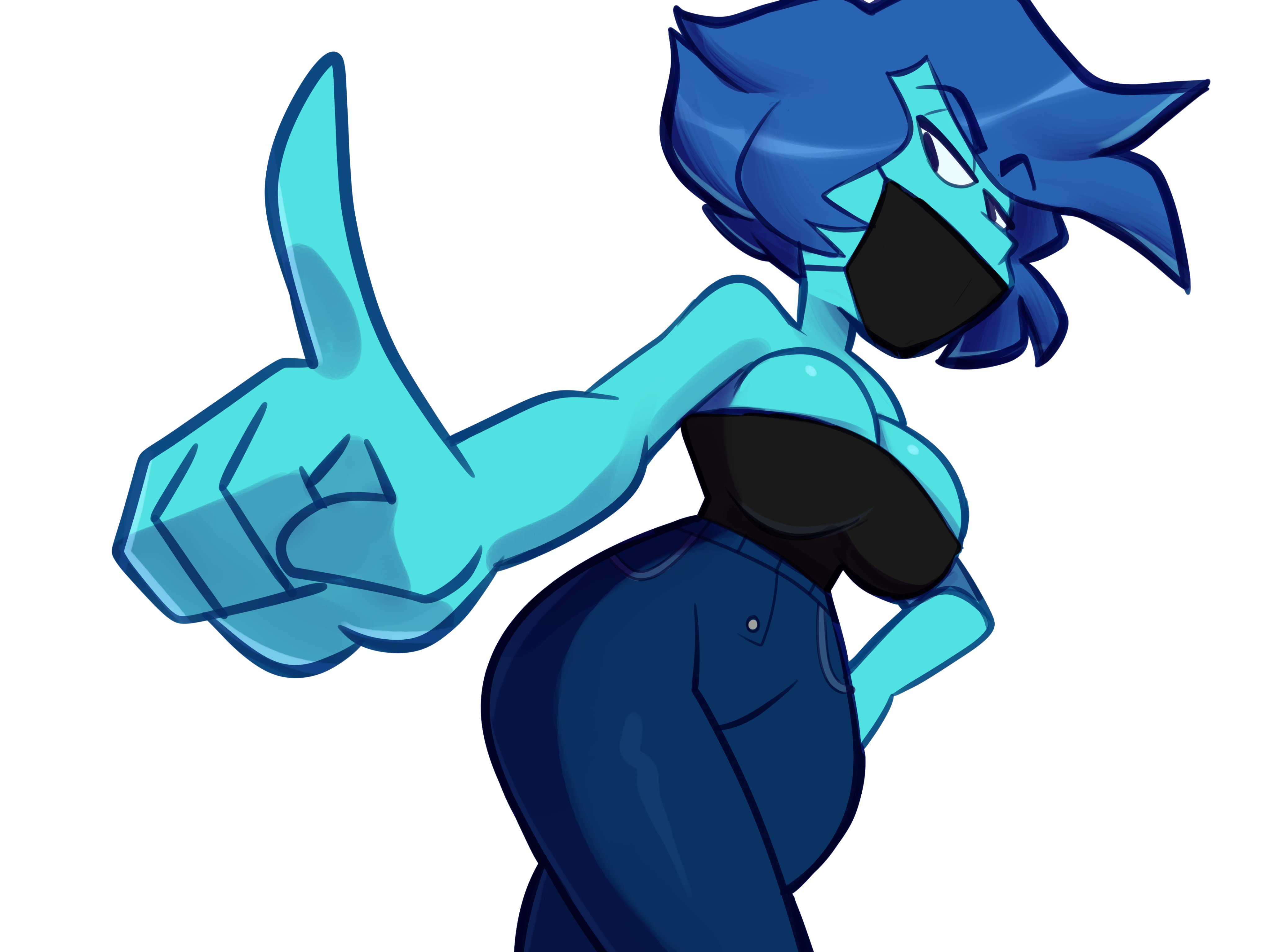 2d, blue body, blue eyes, blue hair, blue jeans, blue skin, blue-skinned female, breasts, bursting breasts, cleavage, clothed, clothing, female, hand on waist, huge breasts, lapis lazuli (steven universe), large breasts, monamania, short hair, solo, steven universe, thick legs, thick thighs, tight clothing, tight jeans, wide hips