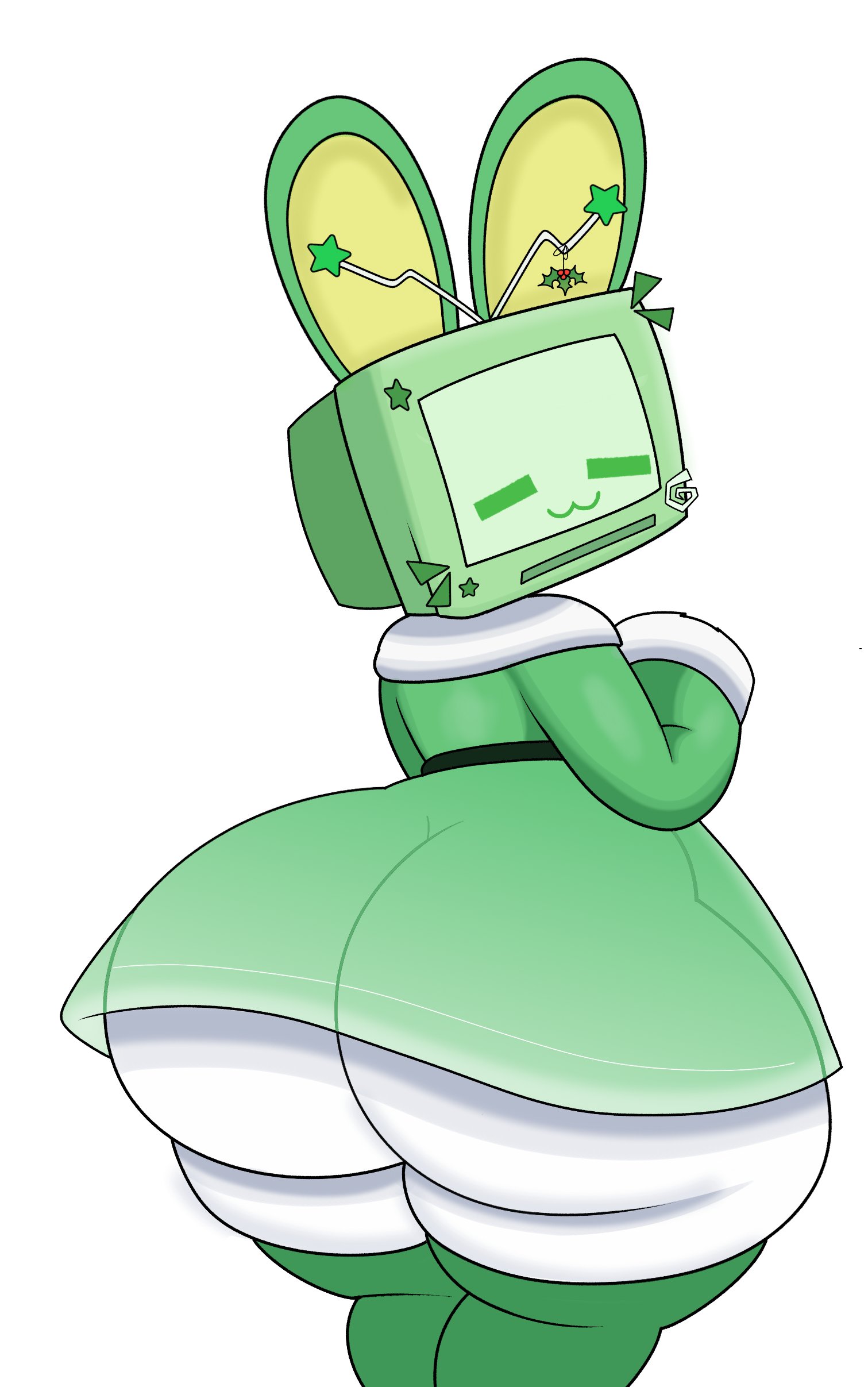 :3, ambiguous gender, antenna, antennae, ass, ass bigger than head, big ass, christmas, christmas outfit, closed eyes, dat ass, dress, fat ass, for a head, green clothing, huge ass, jutsapostion, large ass, mistletoe, no panties, rabbit ears, silvy (silvythetvbunny), smile, solo, thighhighs, transparent clothing, tv, tv head