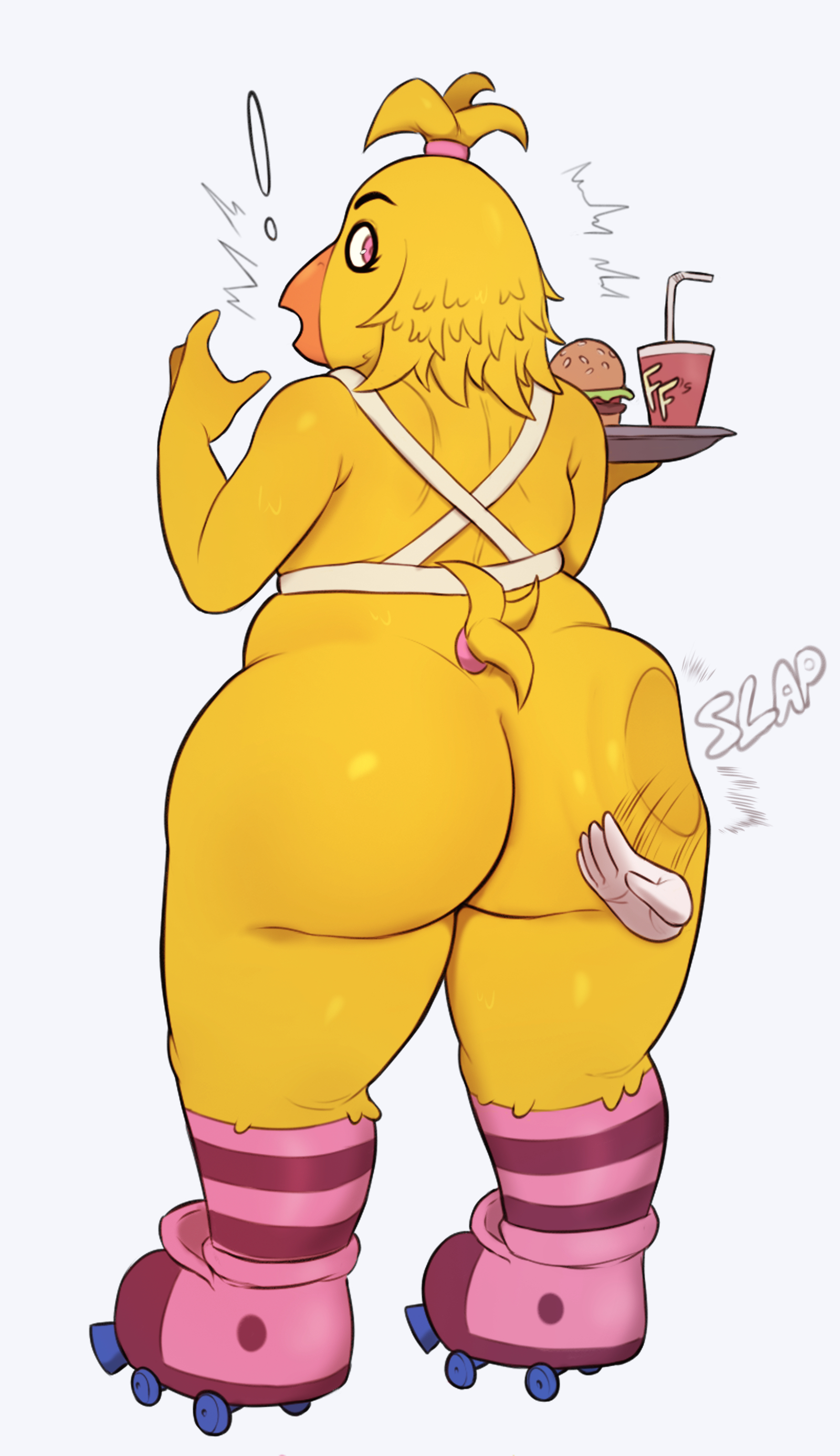 2025, absurd res, anthro, anthro focus, apron, ass, avian, beak, big butt, bird, blonde hair, burger, butt slap, chicken, clothing, disembodied hand, drinking straw, duo, exclamation point, feathers, female, female focus, five nights at freddy's, five nights at freddy's: secret of the mimic, food, footwear, galliform, gallus (genus), hair, hair bun, hewa, hi res, huge butt, huge thighs, inline skates, legwear, looking back, mostly nude, motion lines, onomatopoeia, orange beak, overweight, overweight anthro, overweight female, party time chica (fnaf), pattern clothing, pattern footwear, pattern legwear, pattern socks, phasianid, pink clothing, pink eyes, pink footwear, pink hairband, pink shoes, pink socks, raised hand, rear view, roller skates, scottgames, serving tray, shoes, simple background, slap, socks, solo focus, sound effects, spanking, standing, striped clothing, striped footwear, striped socks, stripes, surprised, text, thick thighs, thigh highs, thigh socks, white apron, white background, white clothing, yellow body, yellow feathers