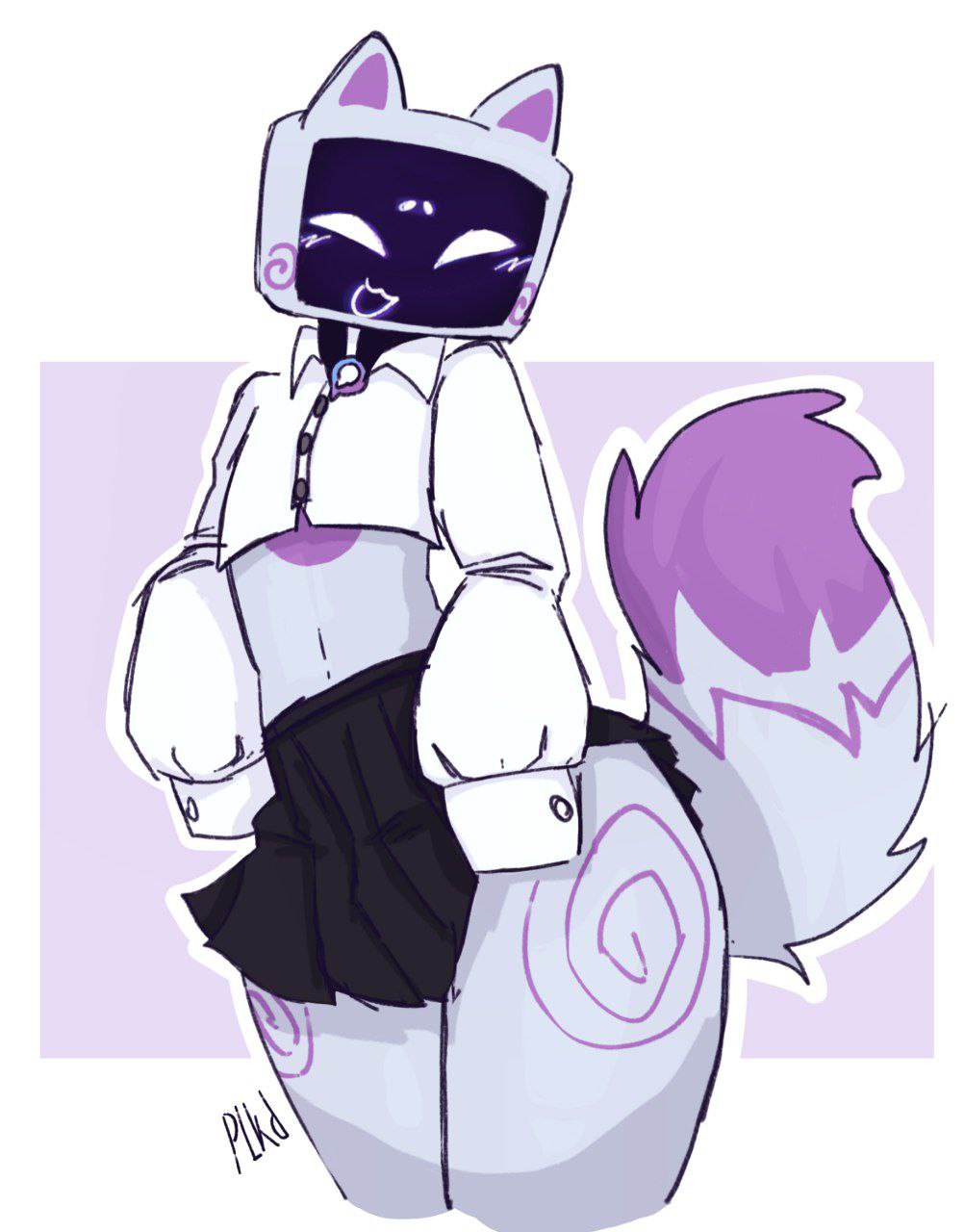 2d, artist request, cat ears, chatty (max), femboy, furry, male, school uniform, screen face, skirt, tail, thick thighs, tv, tv head