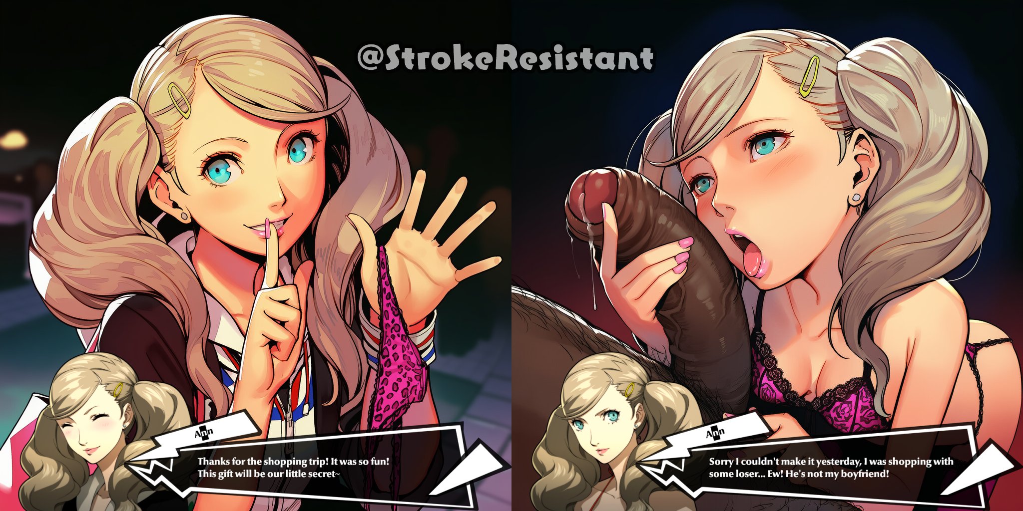 1boy, 1girls, ai generated, ann takamaki, big penis, blonde hair, cuckold, dark skin, dark-skinned male, english text, fellatio, female, femdom, interracial, male, penis, persona, persona 5, strokeresistant, text